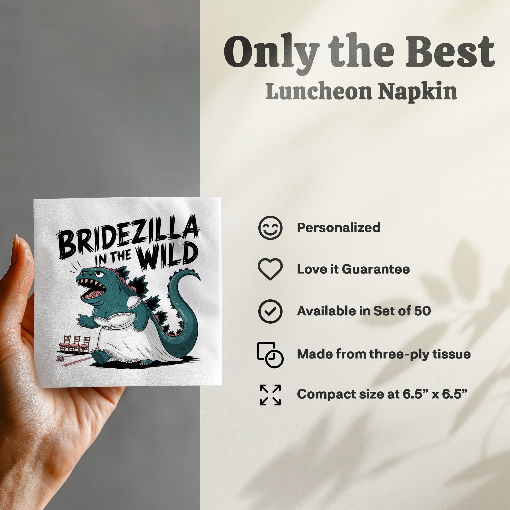 Bridezilla Luncheon Napkin with cartoon Godzilla in a wedding dress.