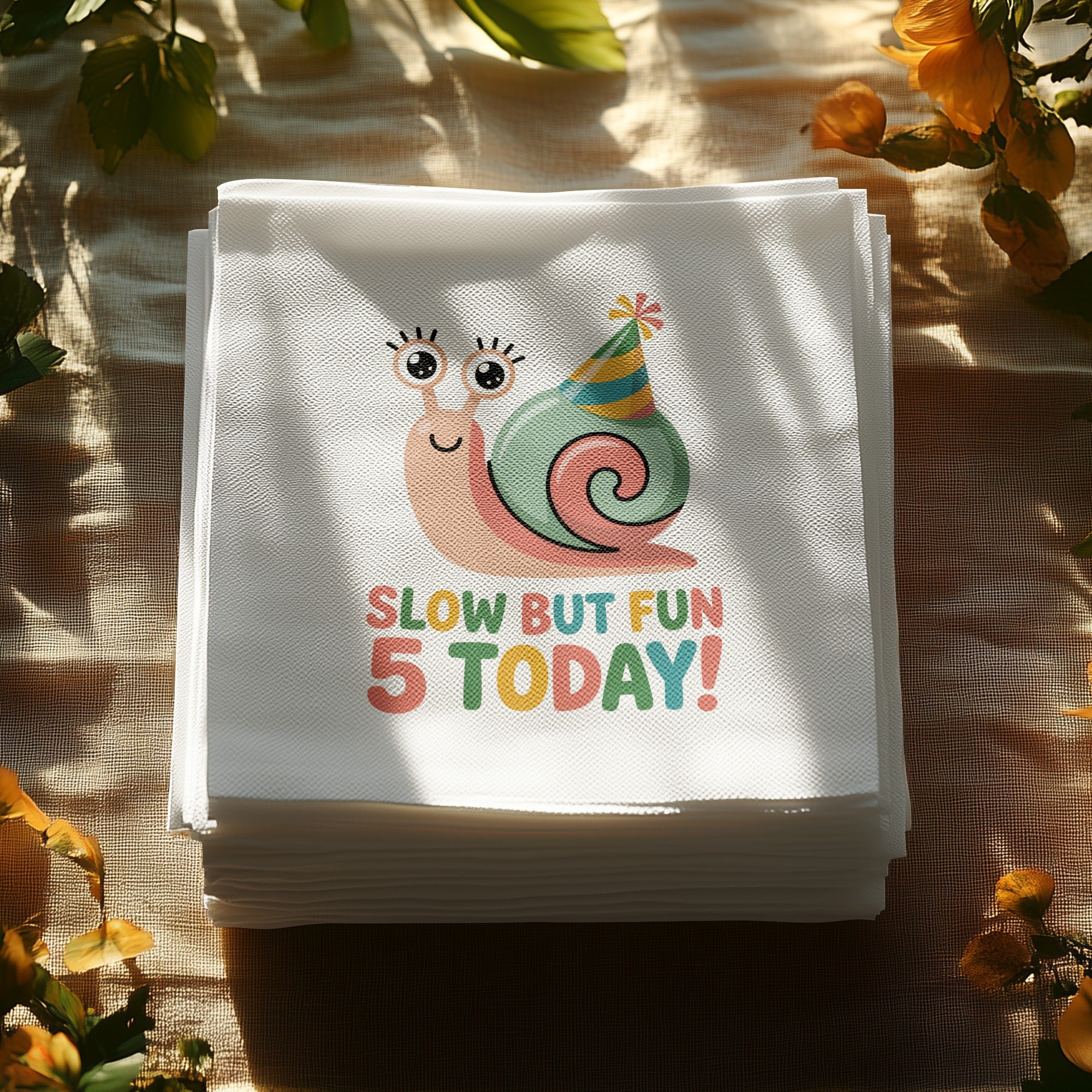 Stack of white napkins with a colorful snail wearing a party hat and "SLOW BUT FUN 5 TODAY!" text.