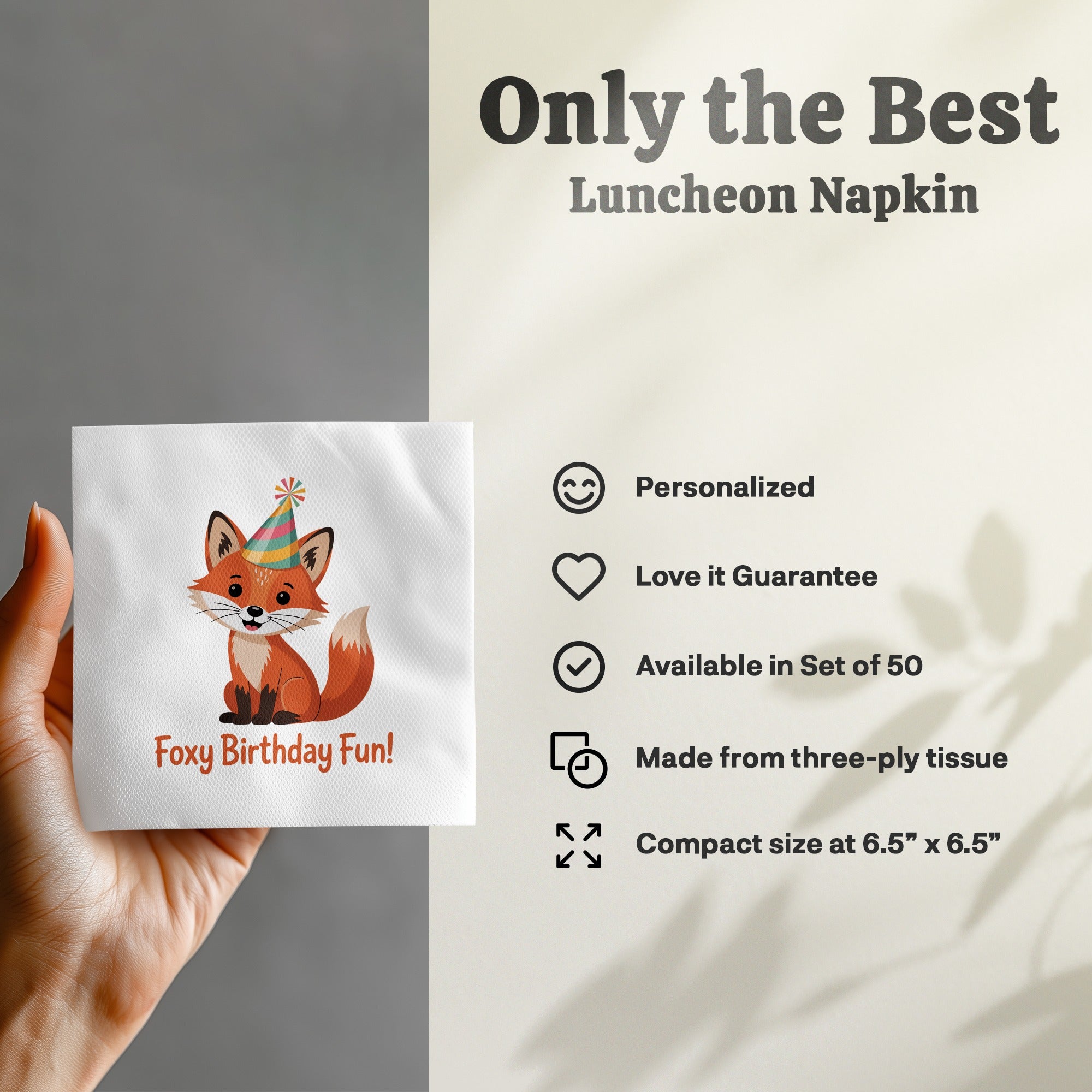 Napkin with fox graphic and "Foxy Birthday Fun!" text.
