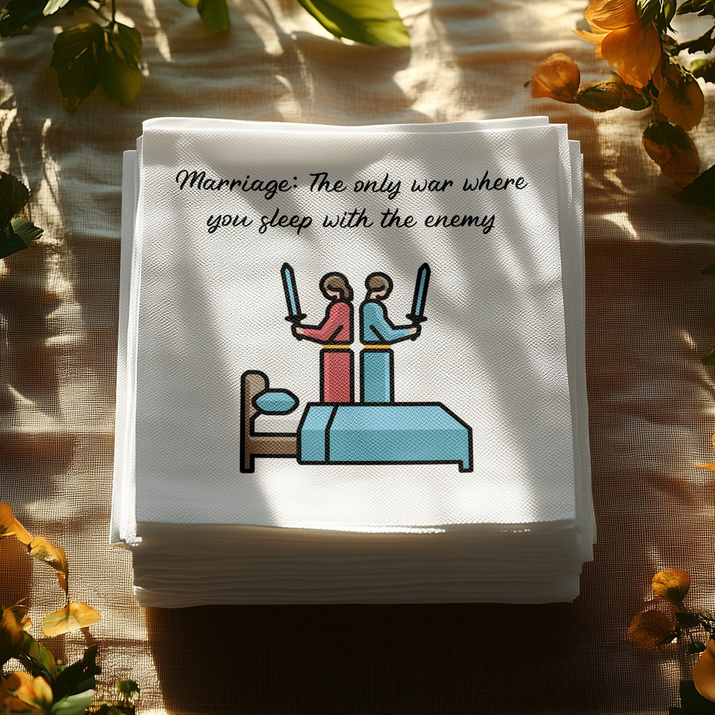 Napkins with "Marriage: the only war where you sleep with the enemy" text and cartoon couple.