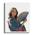 Woman in floral kimono holding a patterned fan against a white background.
