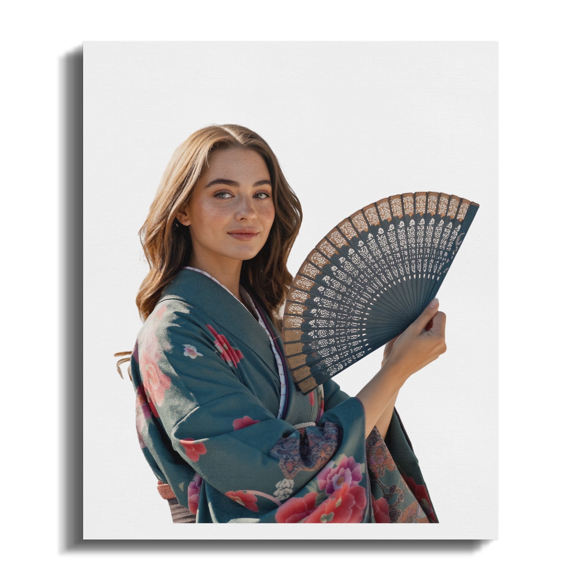 Woman in floral kimono holding a patterned fan against a white background.