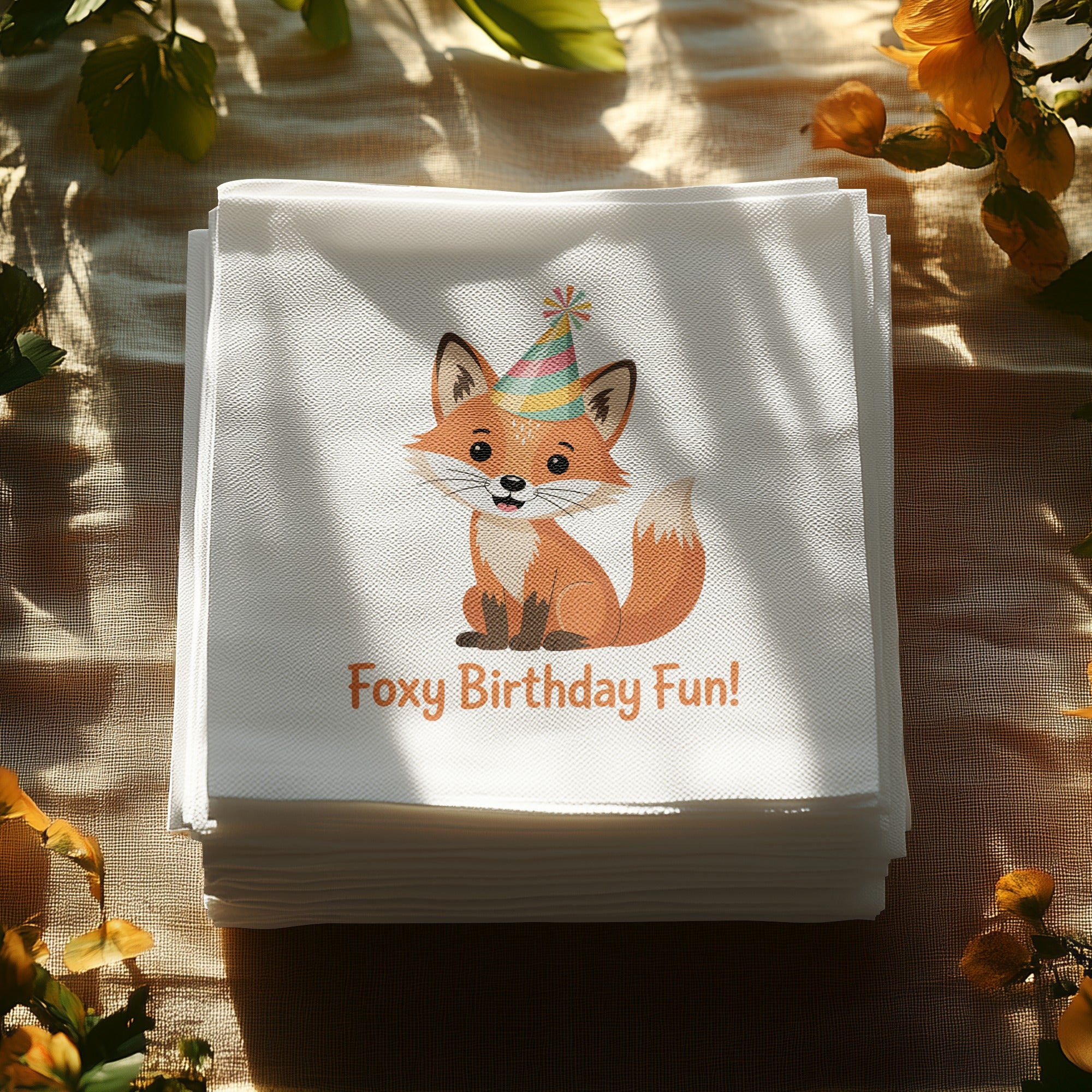 Stack of white napkins with a cartoon fox wearing a party hat and "Foxy Birthday Fun!" text.