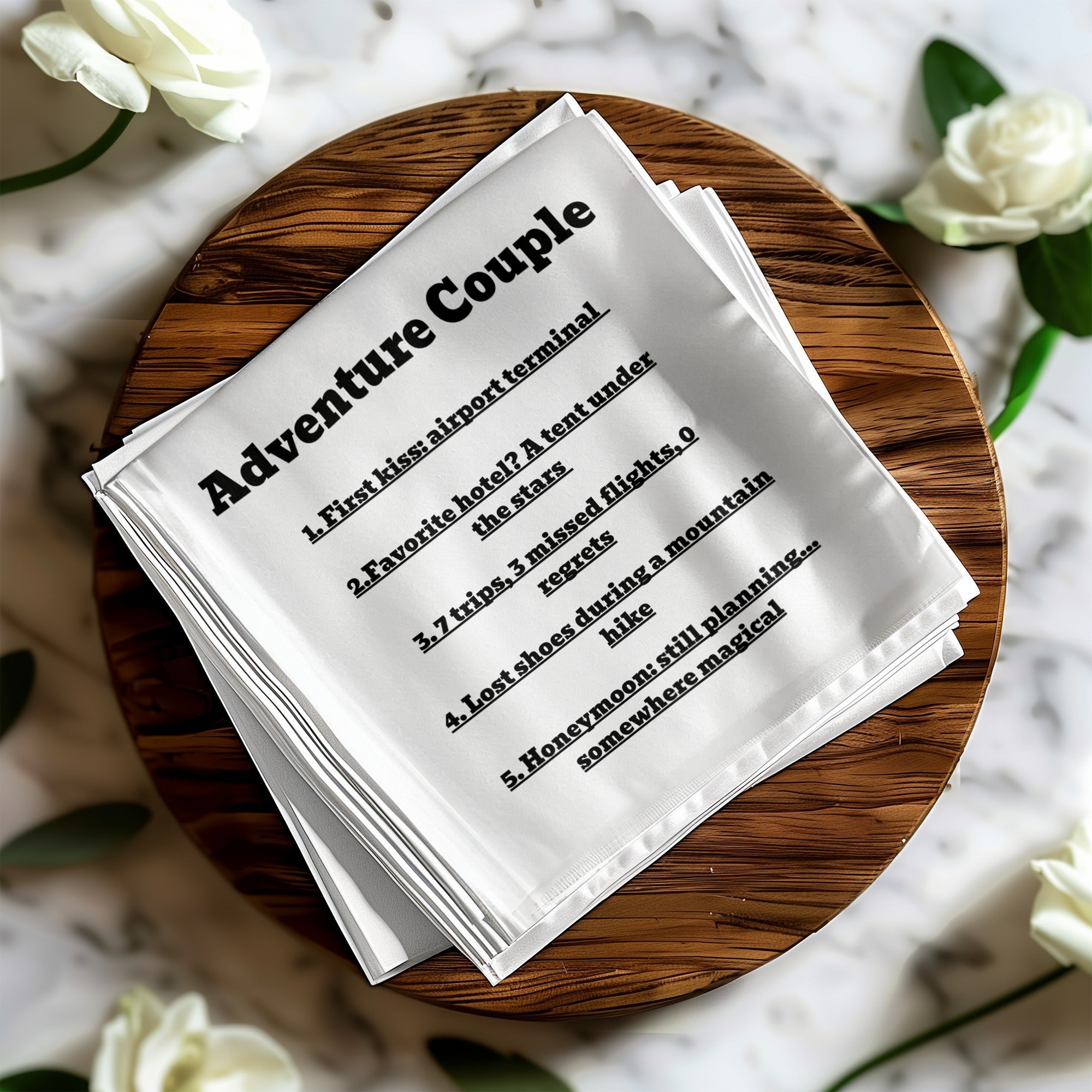 Adventure Couple list with five items, including "first kiss: airport terminal" and "honeymoon: still planning...".