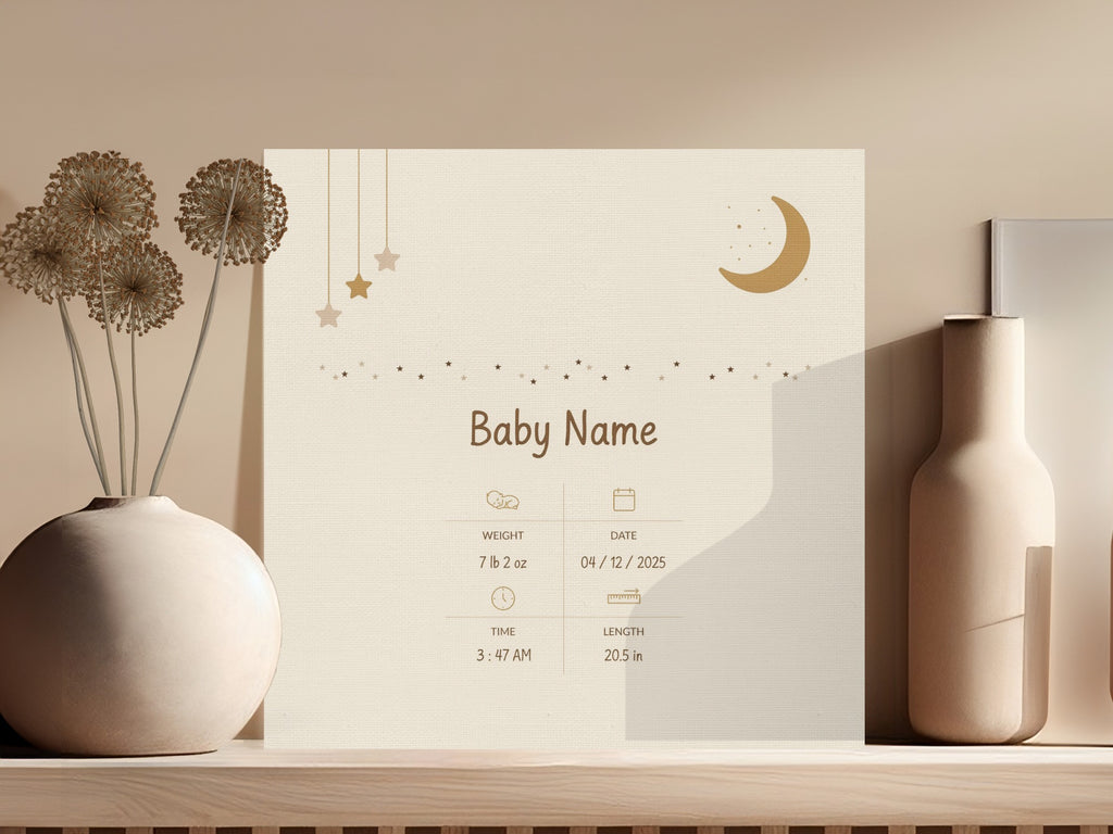 Baby birth certificate showing name, weight, time, date, and length.
