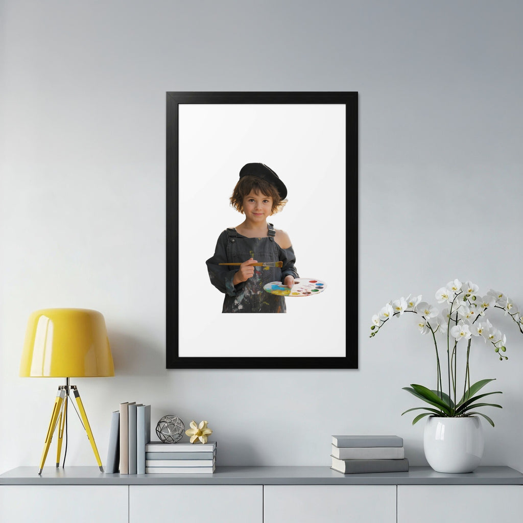 Young artist in beret holding palette and paintbrush, black frame.