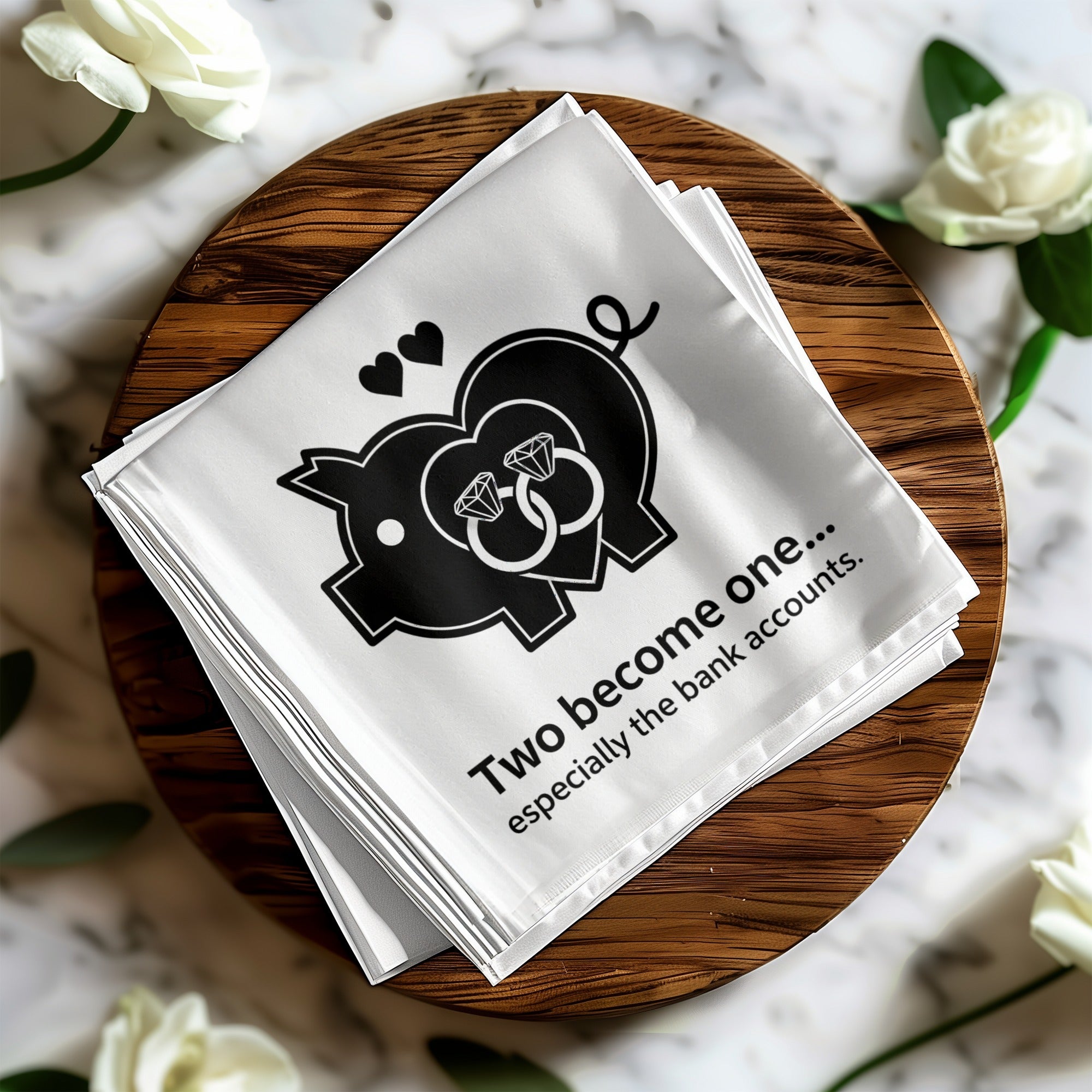 Piggy bank with wedding rings and text "Two become one... especially the bank accounts."