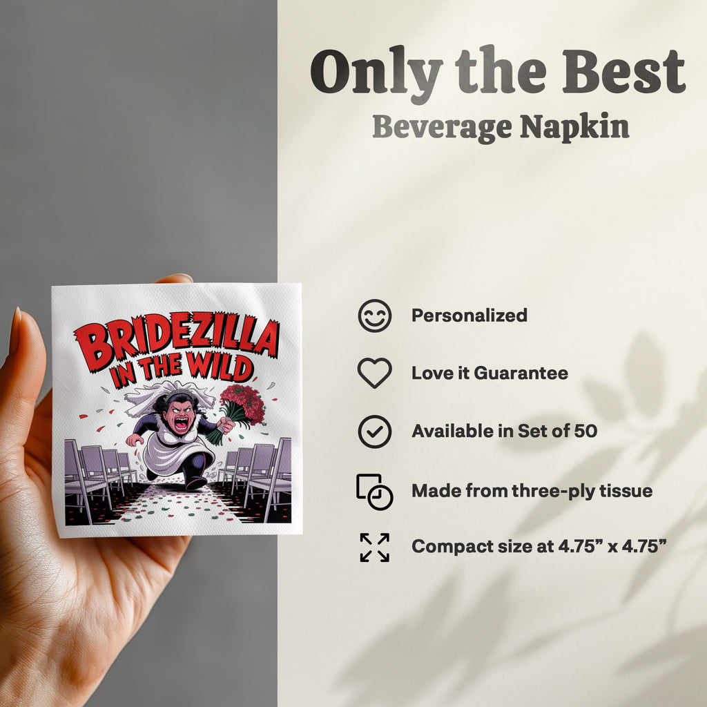 Bridezilla in the Wild beverage napkin with party chairs and confetti design.