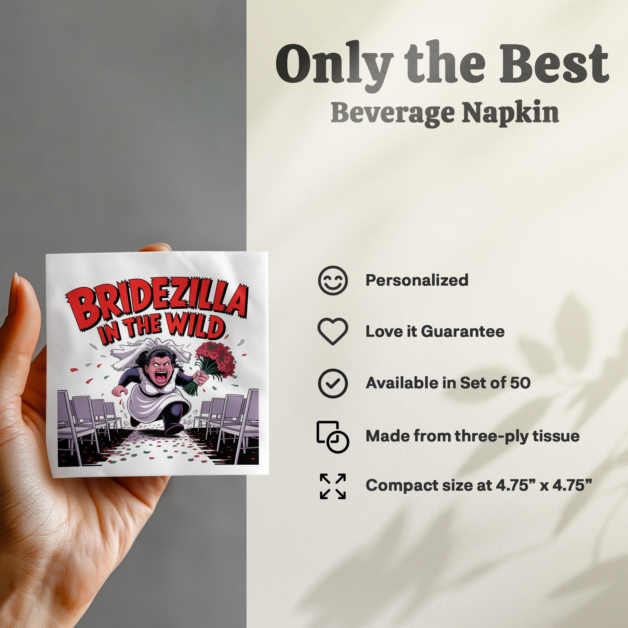 Bridezilla in the Wild beverage napkin with party chairs and confetti design.