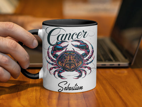 Cancer zodiac mug with crab design and name Sebastian.