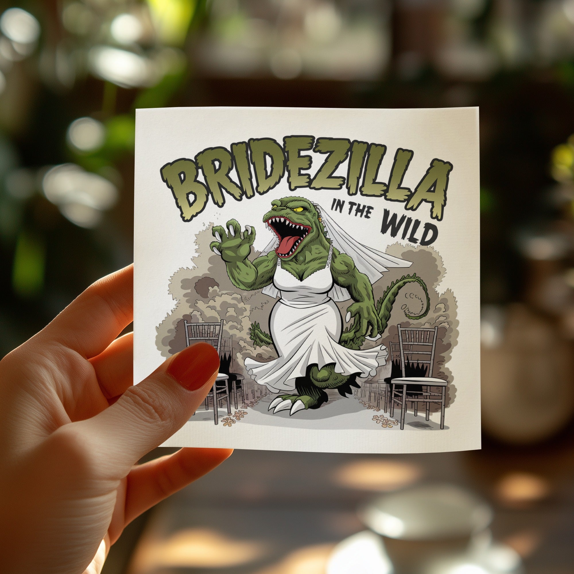 Bridezilla in the Wild illustration with Godzilla-like monster in wedding dress.