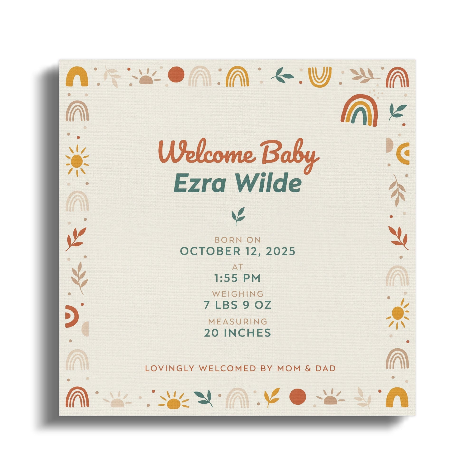 Christening invitation for Ezra Wilde, born October 12, 2025, weighing 7 lbs 9 oz.