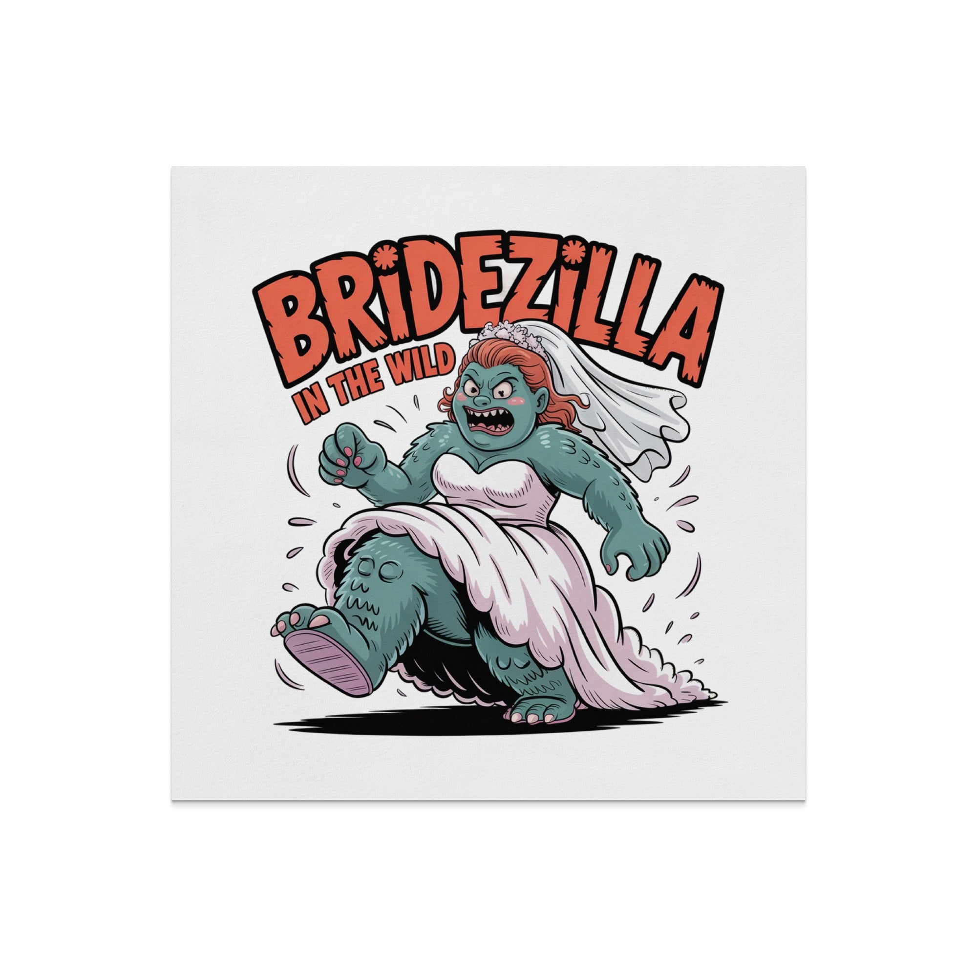 Bridezilla in the Wild cartoon monster in a wedding dress.