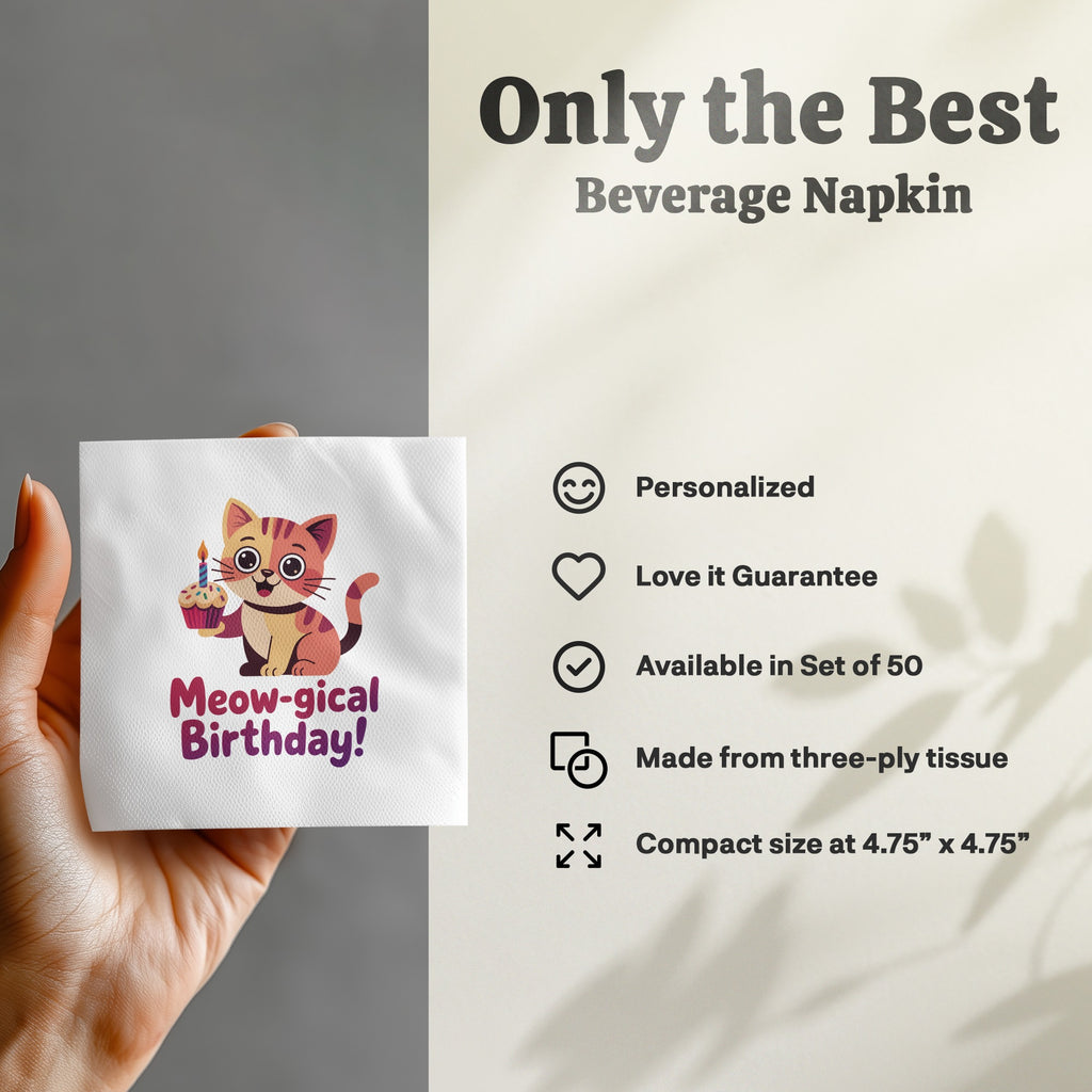 Beverage napkin with a cat holding a cupcake, reading "Meow-gical Birthday!".