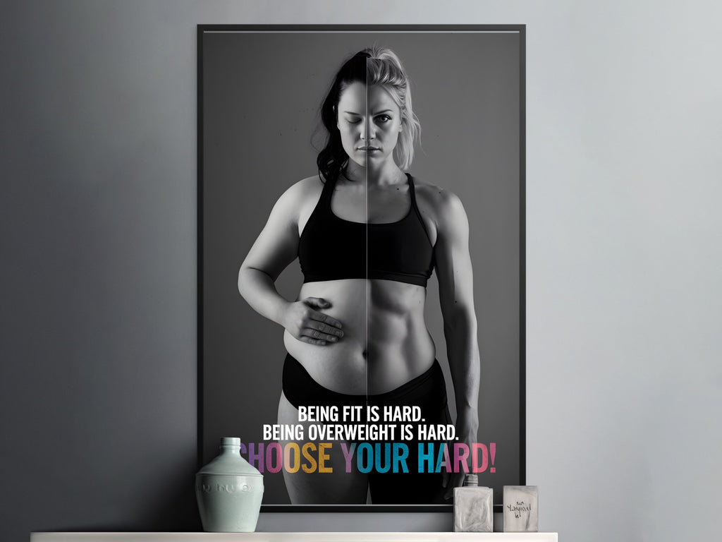 Split image showing before and after fitness transformation with motivational text.