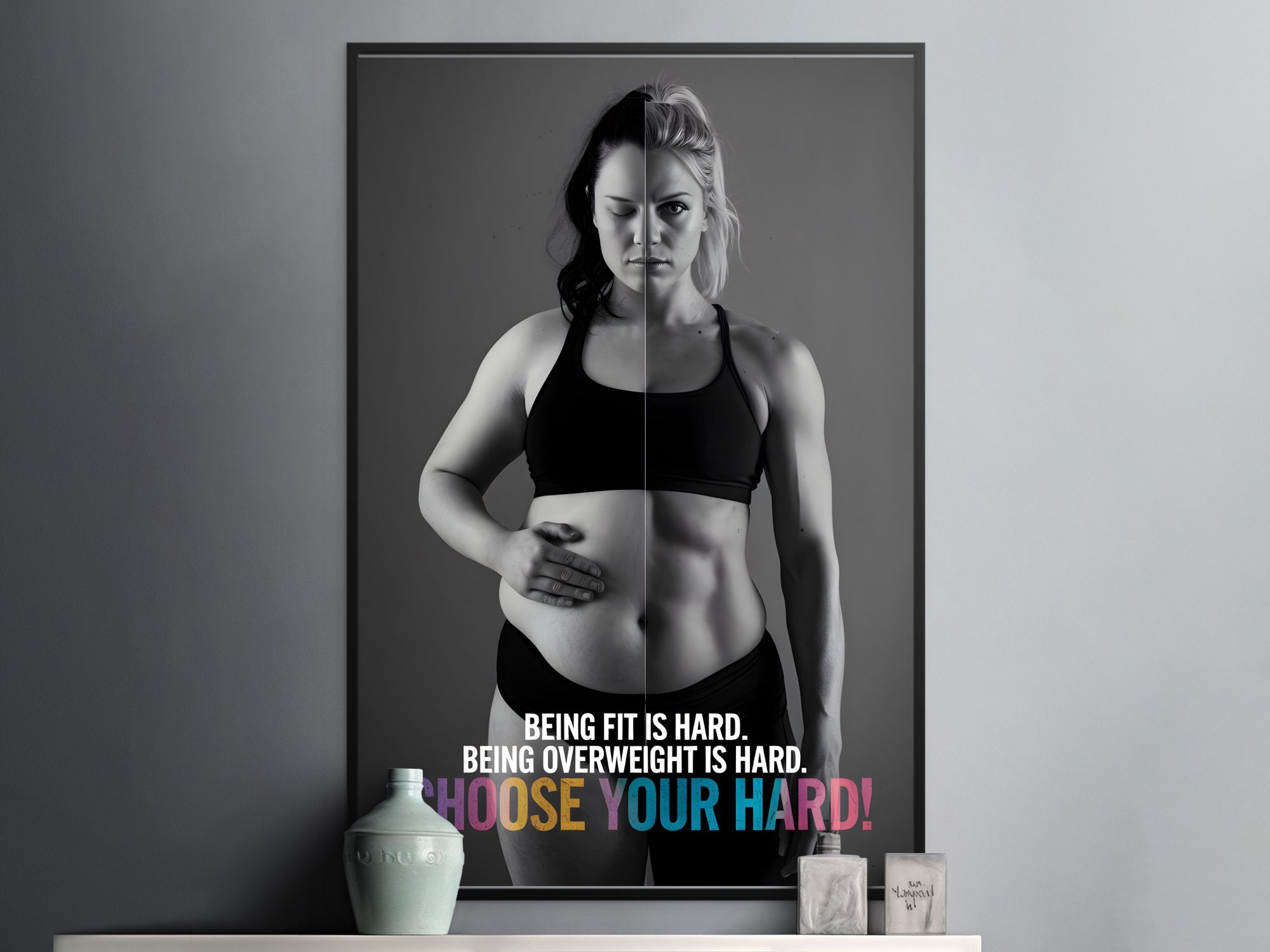 Split image showing before and after fitness transformation with motivational text.