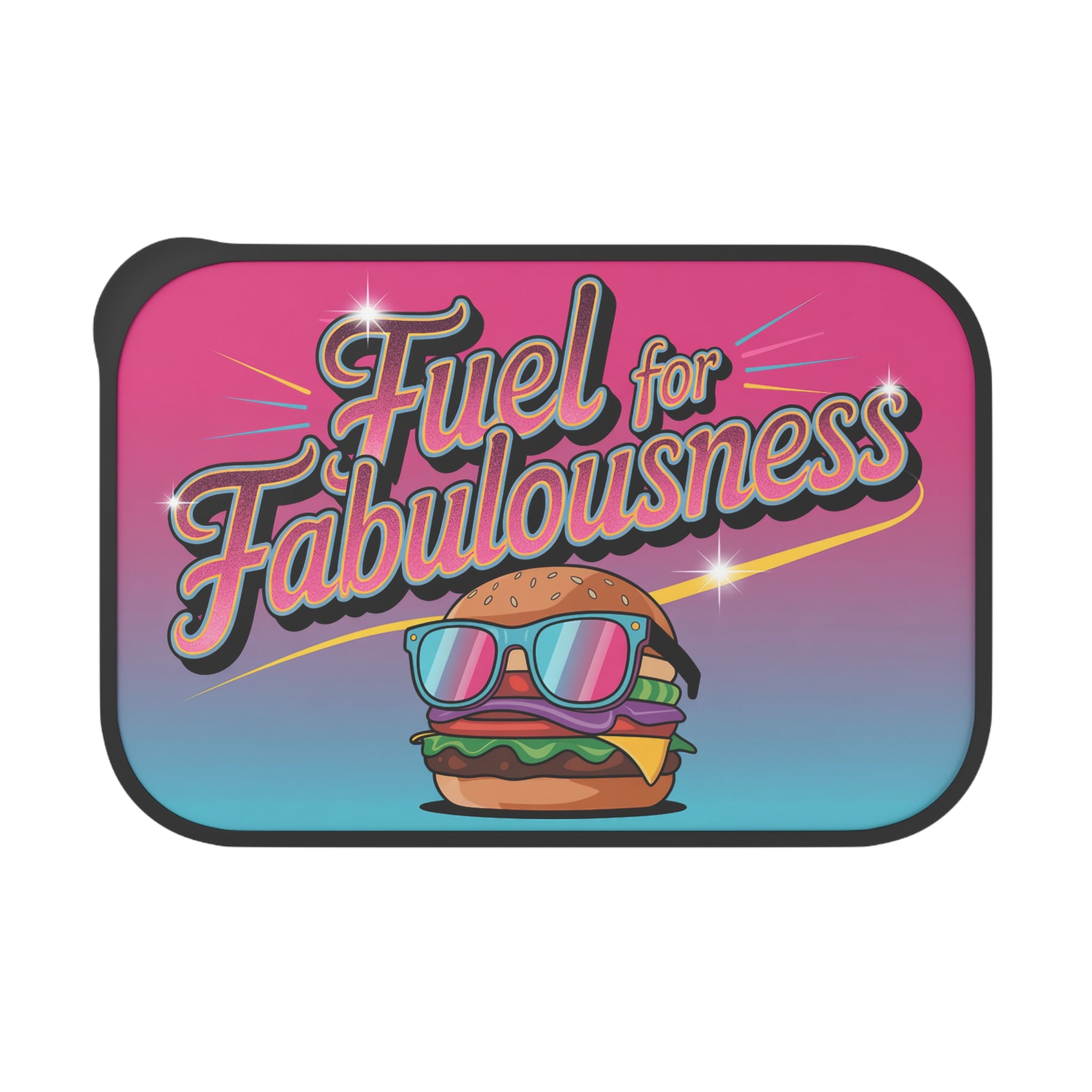 Burger with sunglasses and "Fuel for Fabulousness" text on a gradient background.