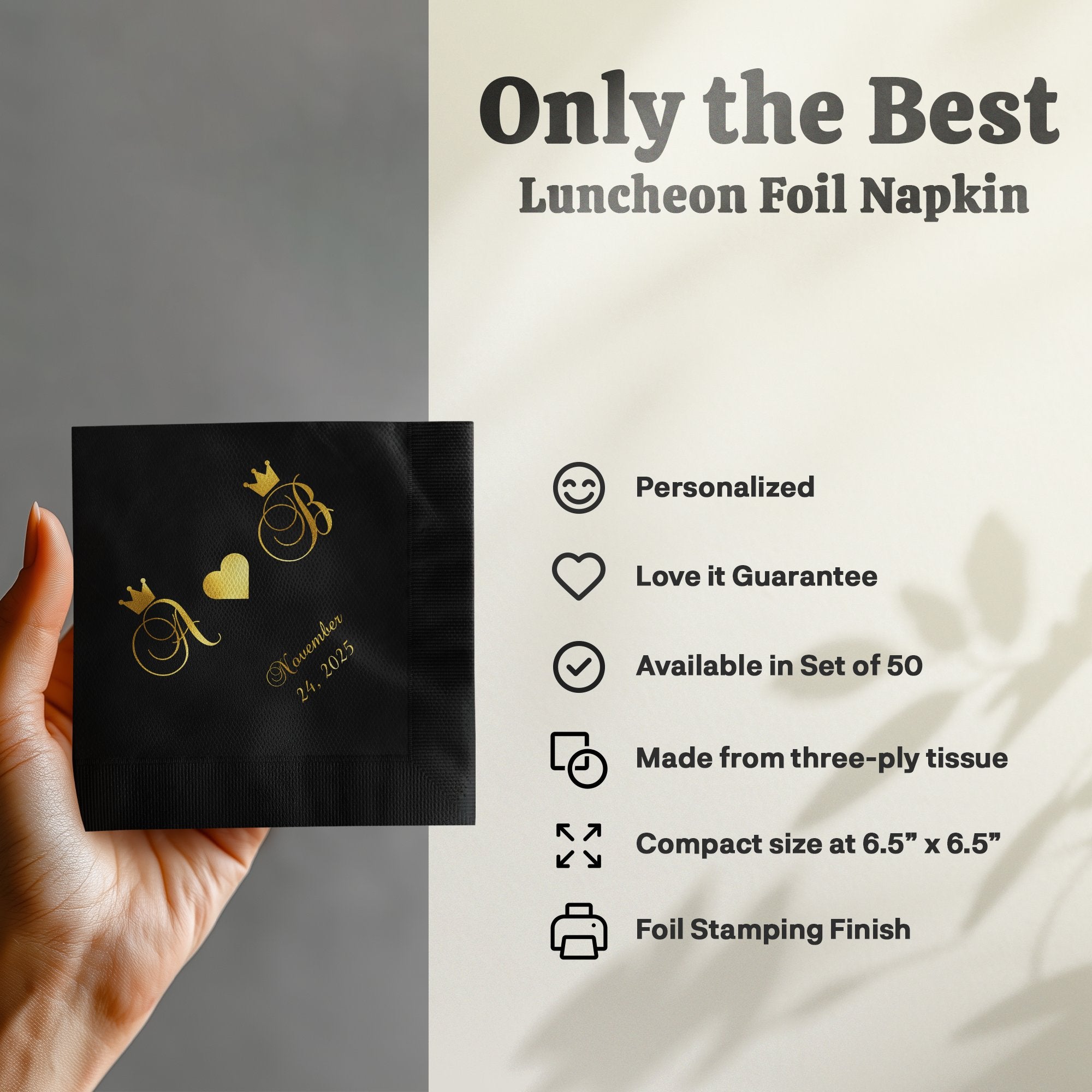 Black luncheon foil napkins personalized with gold initials and date.
