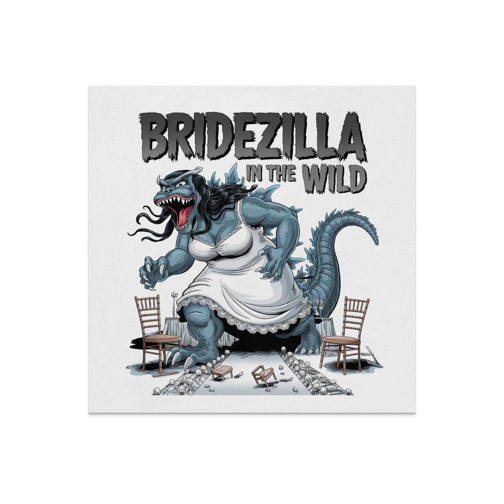 Bridezilla monster in a wedding dress stomping through a ruined table setting.