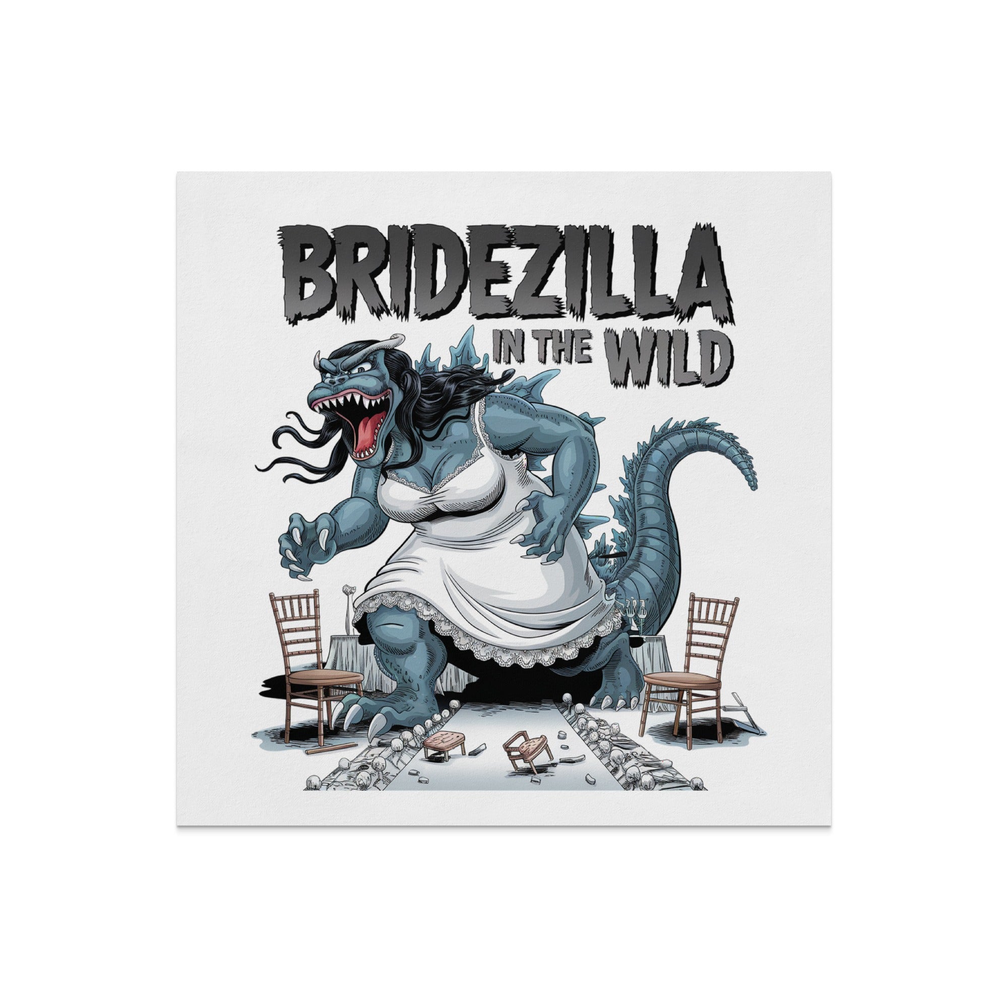 Bridezilla monster in a wedding dress stomping through a ruined table setting.