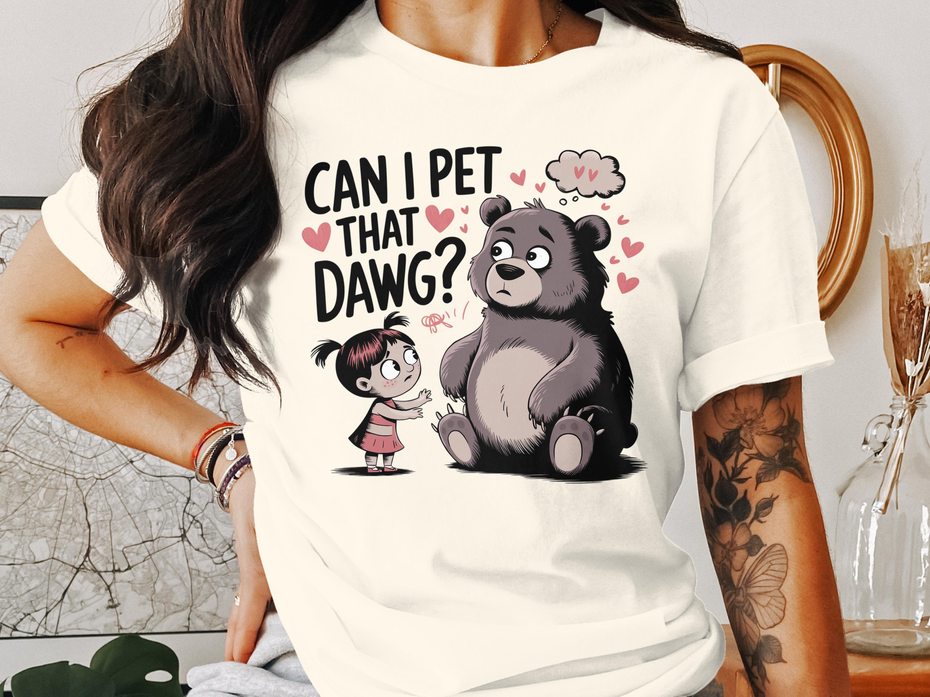 Cartoon of a girl asking a hesitant bear, "Can I pet that dawg?"