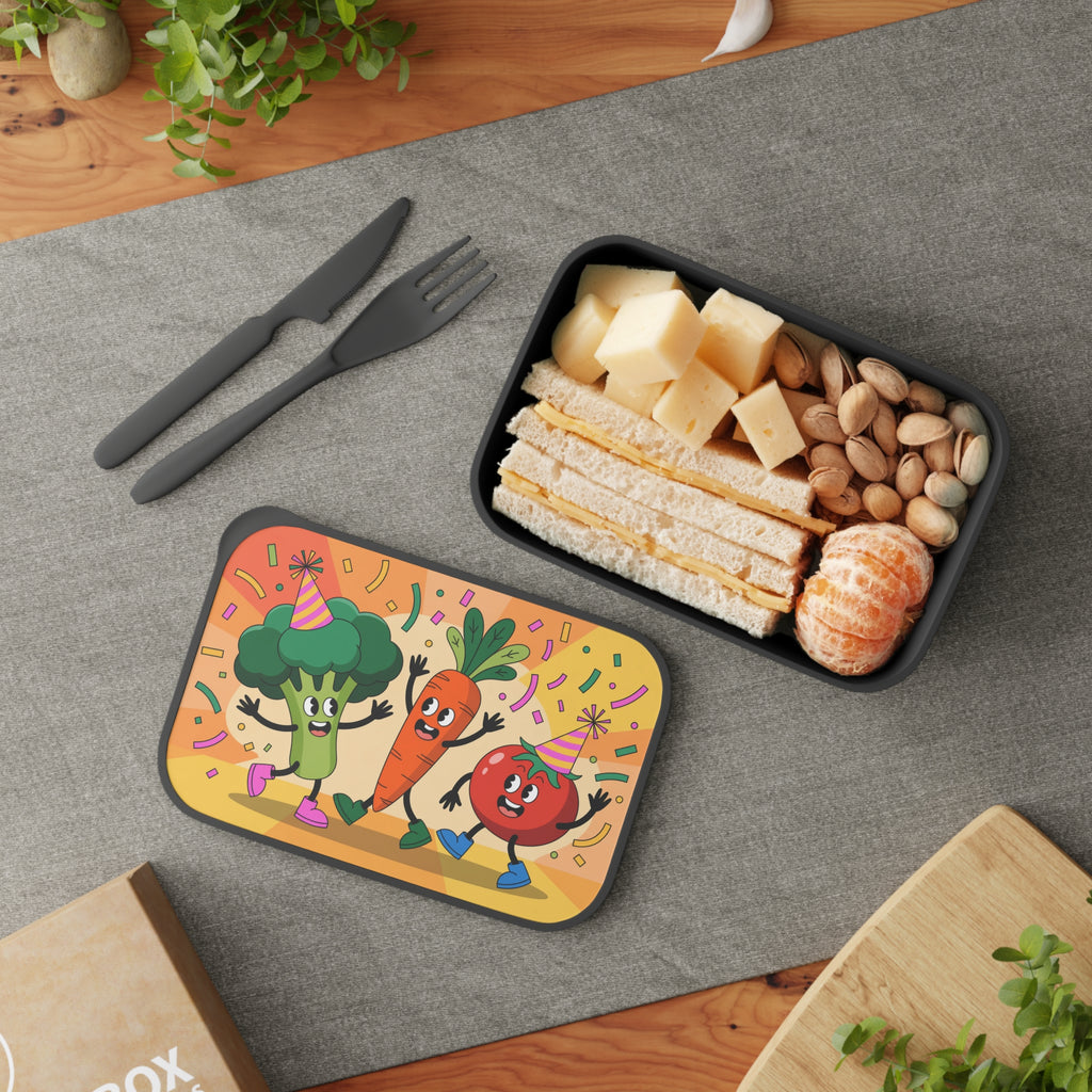Lunchbox with cartoon broccoli and tomato wearing party hats, next to a sandwich and nuts.