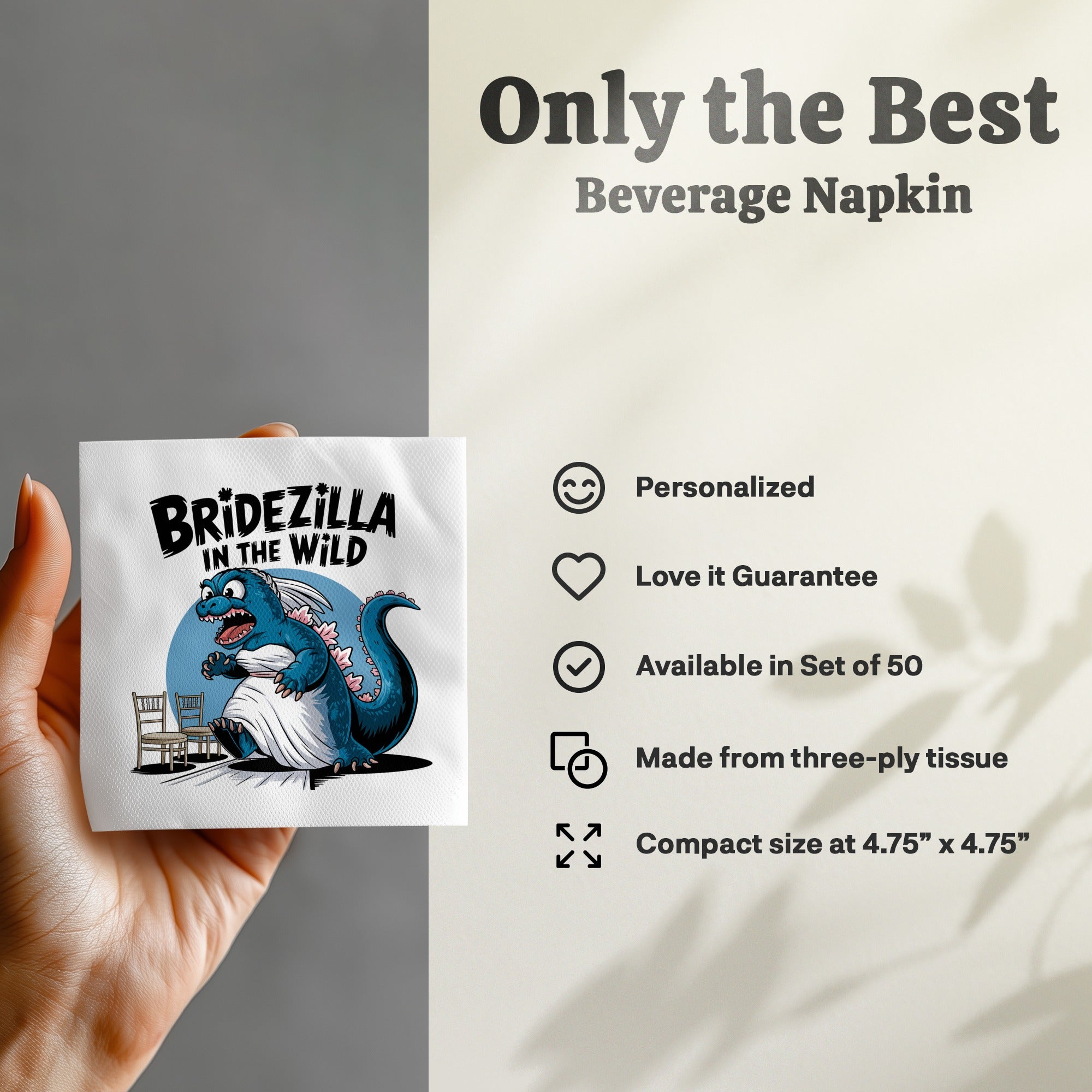 Beverage napkin with a cartoon dragon labeled "BRIDEZILLA IN THE WILD".