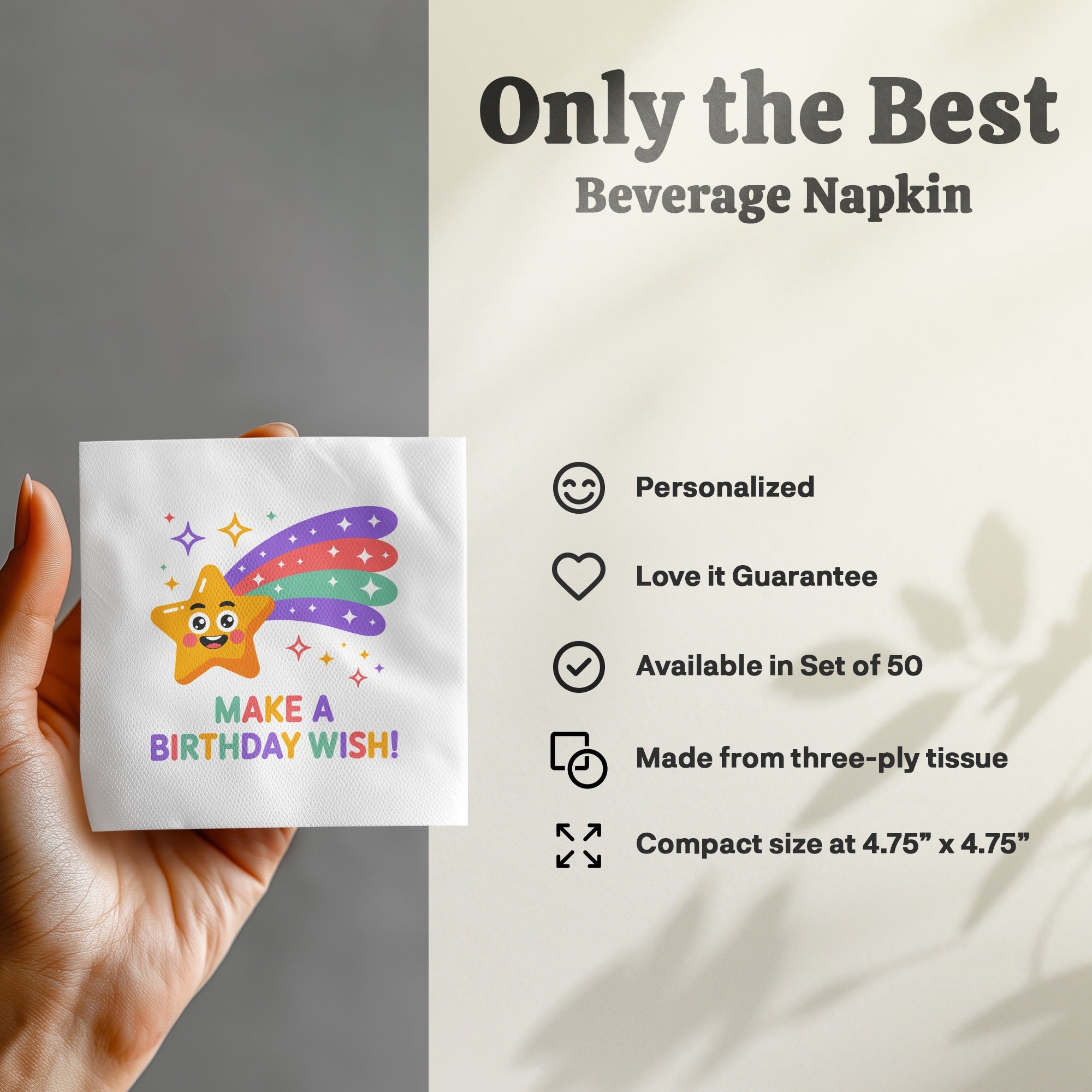 Beverage napkin with a smiling star saying "Make a Birthday Wish!"