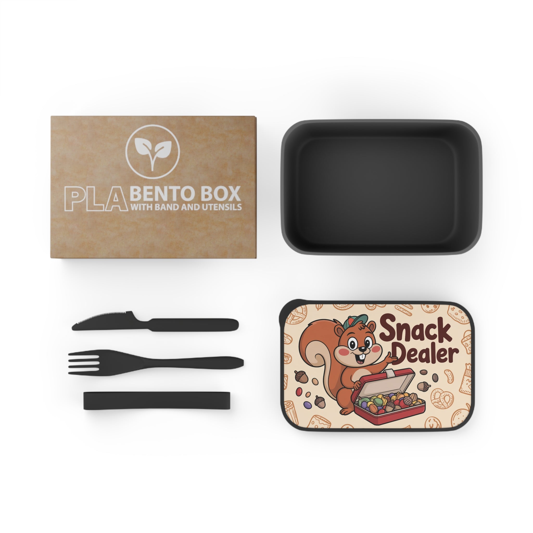 PLA bento box with utensils, featuring a cartoon squirrel holding a box of snacks.