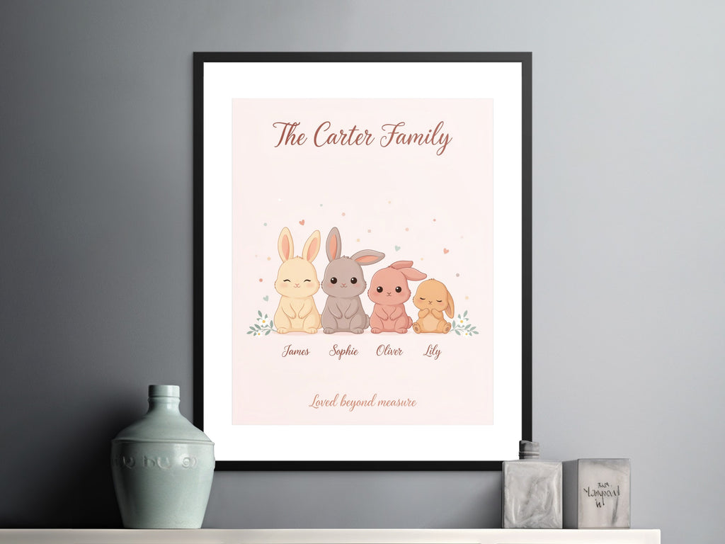 Carter Family print with four bunnies and names below, "Loved beyond measure."