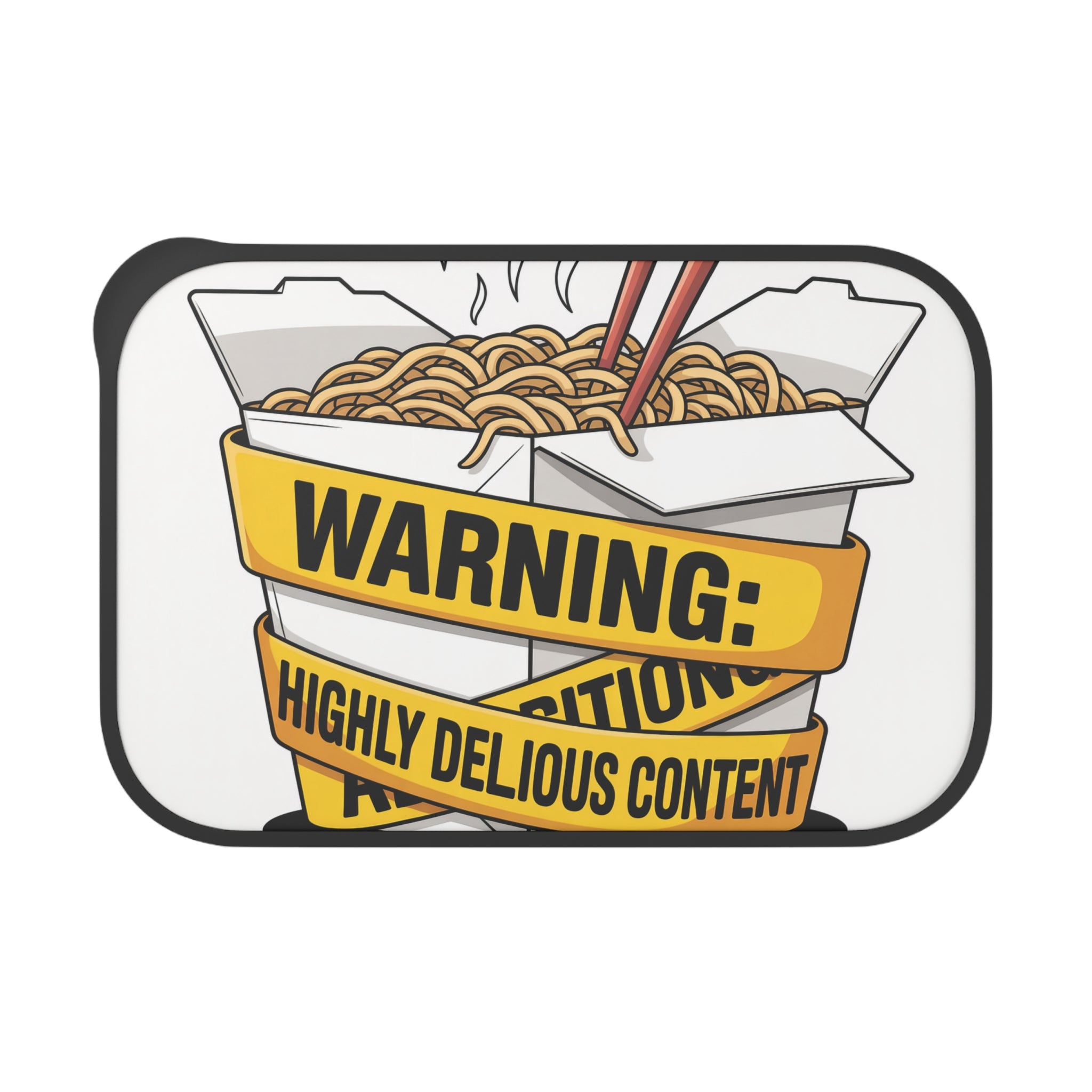 Chopsticks over Chinese takeout box with noodles, labeled "WARNING: HIGHLY DELICIOUS CONTENT."