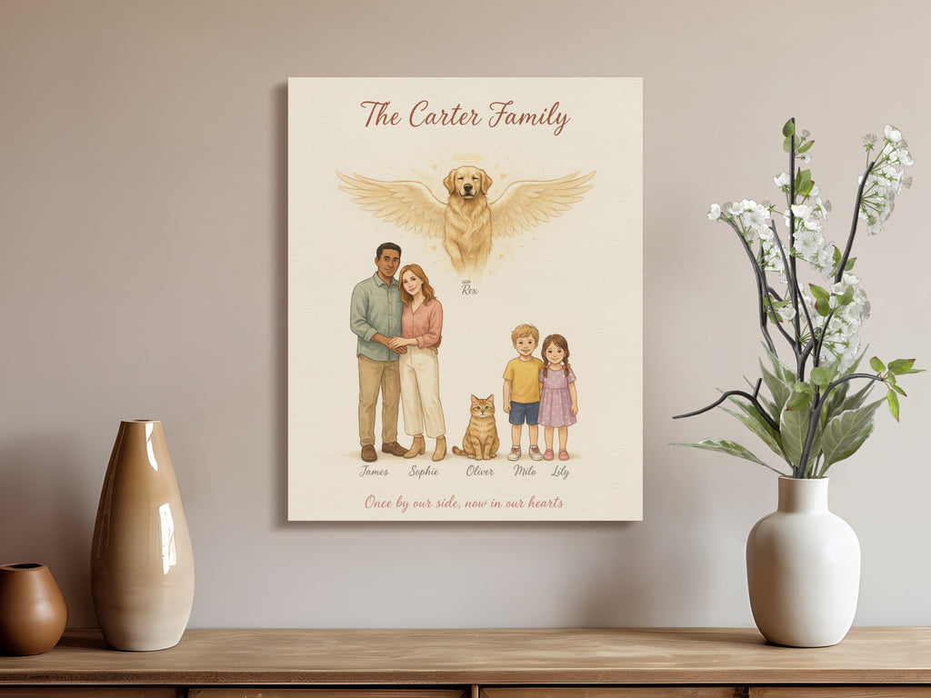 The Carter family portrait with a golden retriever angel, cat, and kids, features names and a quote.