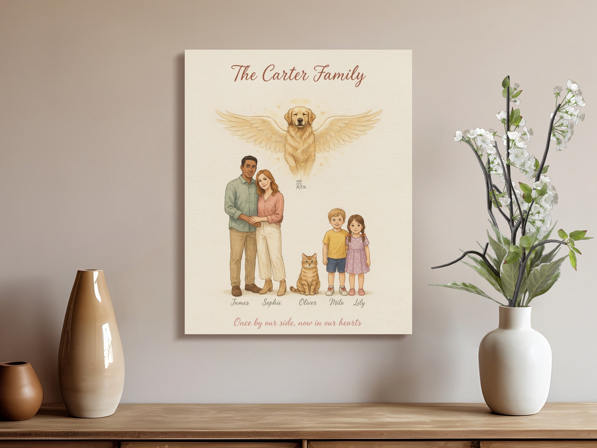 The Carter family portrait with a golden retriever angel, cat, and kids, features names and a quote.