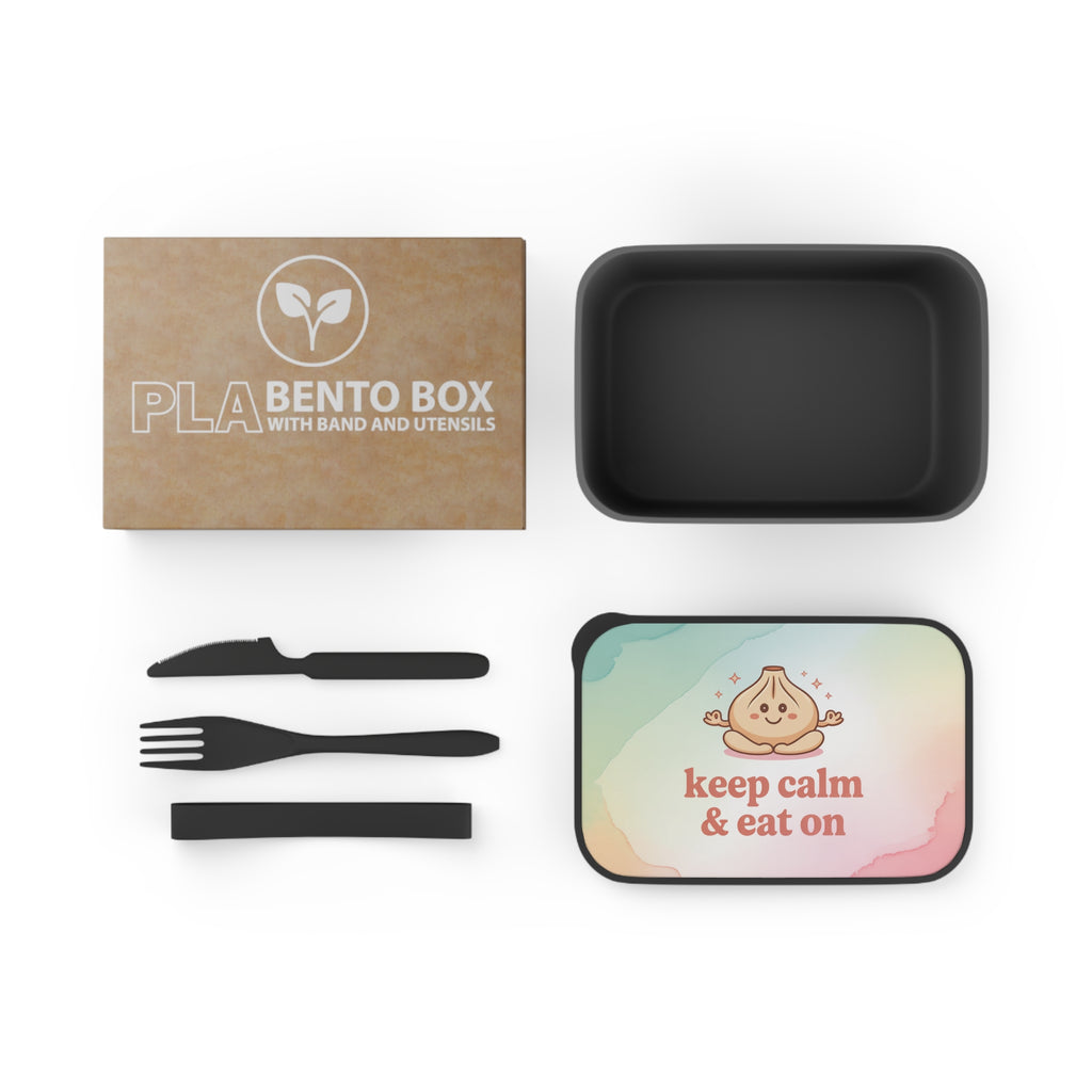 PLA Bento Box with band and utensils, featuring cartoon dumpling graphic.