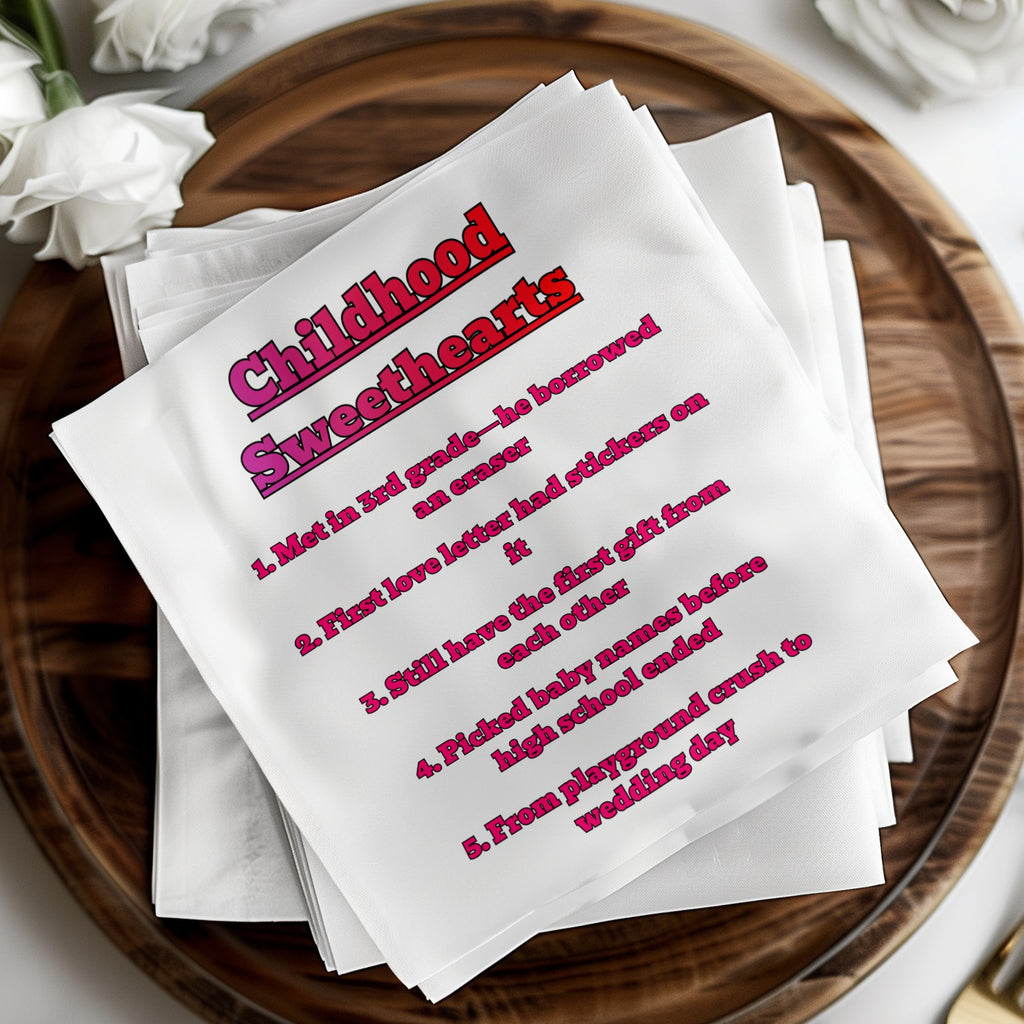 Childhood Sweethearts list on a stack of white napkins.