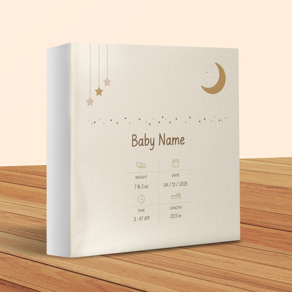 Baby milestone book with moon, stars, and text details like name, weight, date, time, and length.