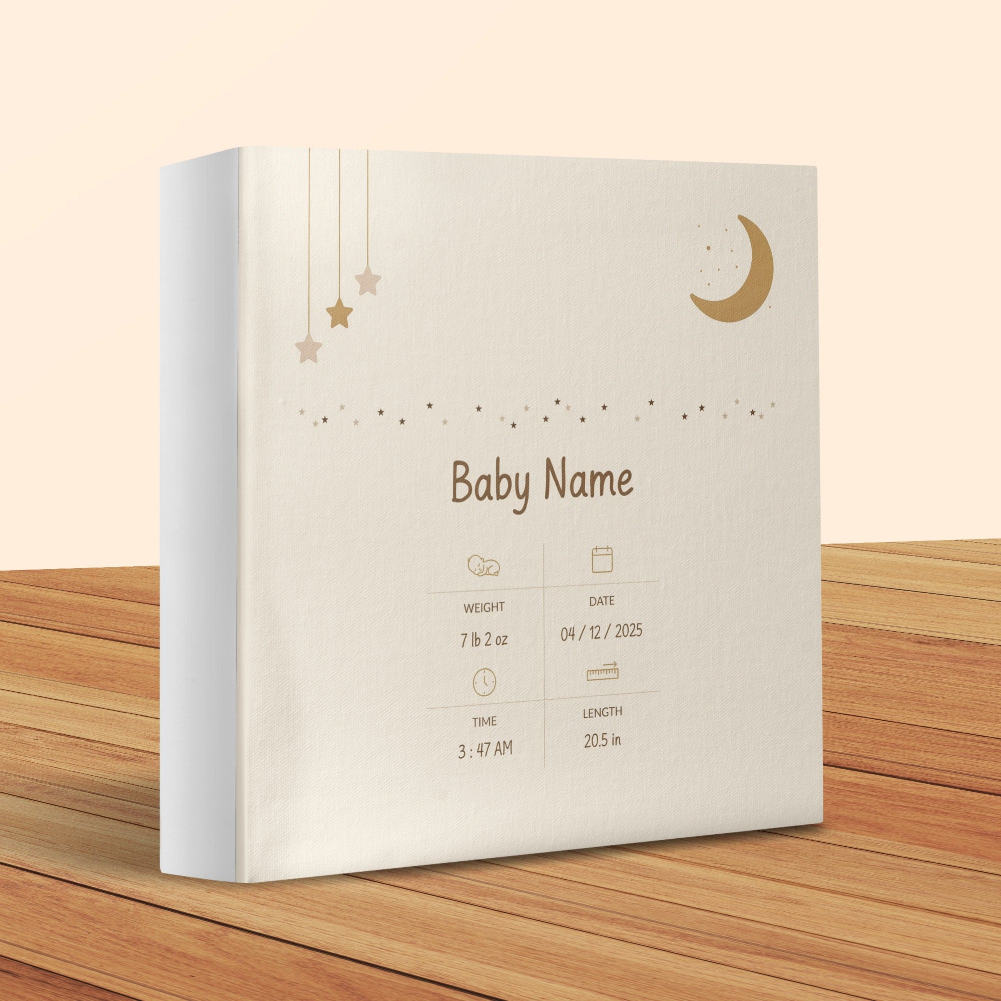 Baby milestone book with moon, stars, and text details like name, weight, date, time, and length.