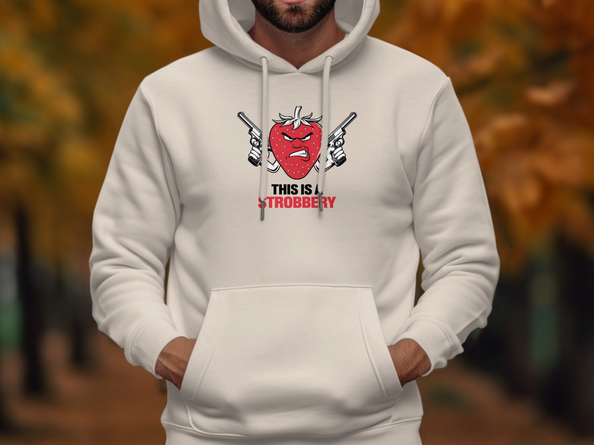 Hoodie with a strawberry graphic holding two pistols, "THIS IS A STROBERRY" text.