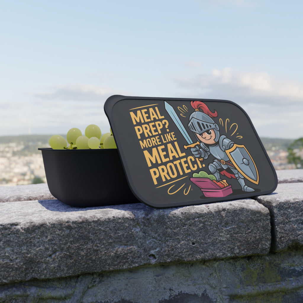 Lunchbox with knight graphic and "Meal prep? More like meal protect!" text.
