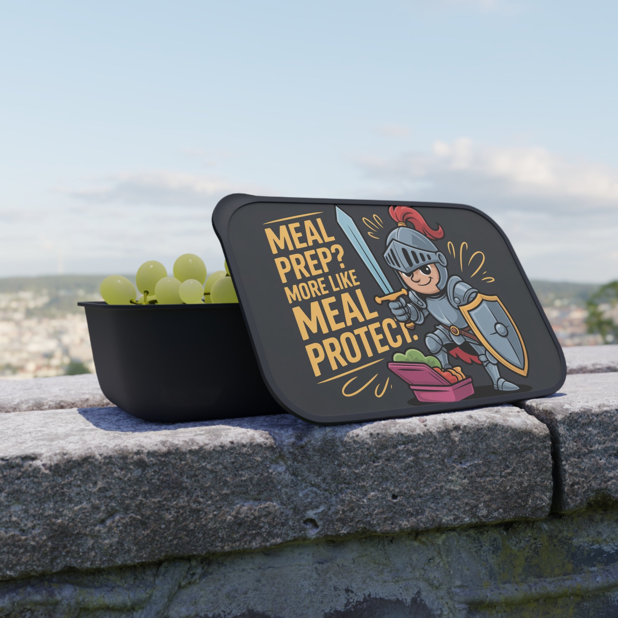 Lunchbox with knight graphic and "Meal prep? More like meal protect!" text.