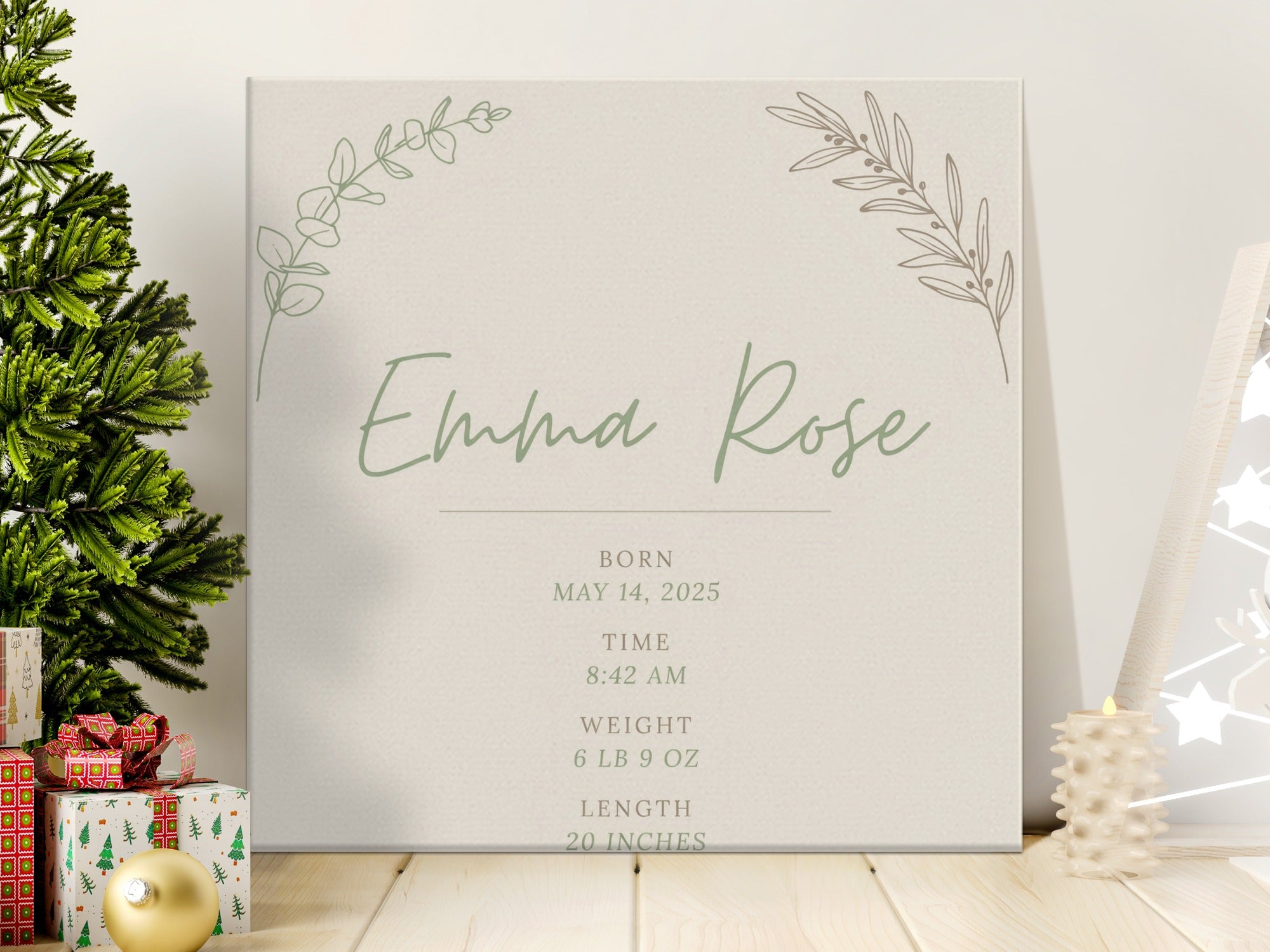 Emma Rose birth details; Born May 14, 2025, 8:42 AM, 6 LB 9 OZ, 20 INCHES.