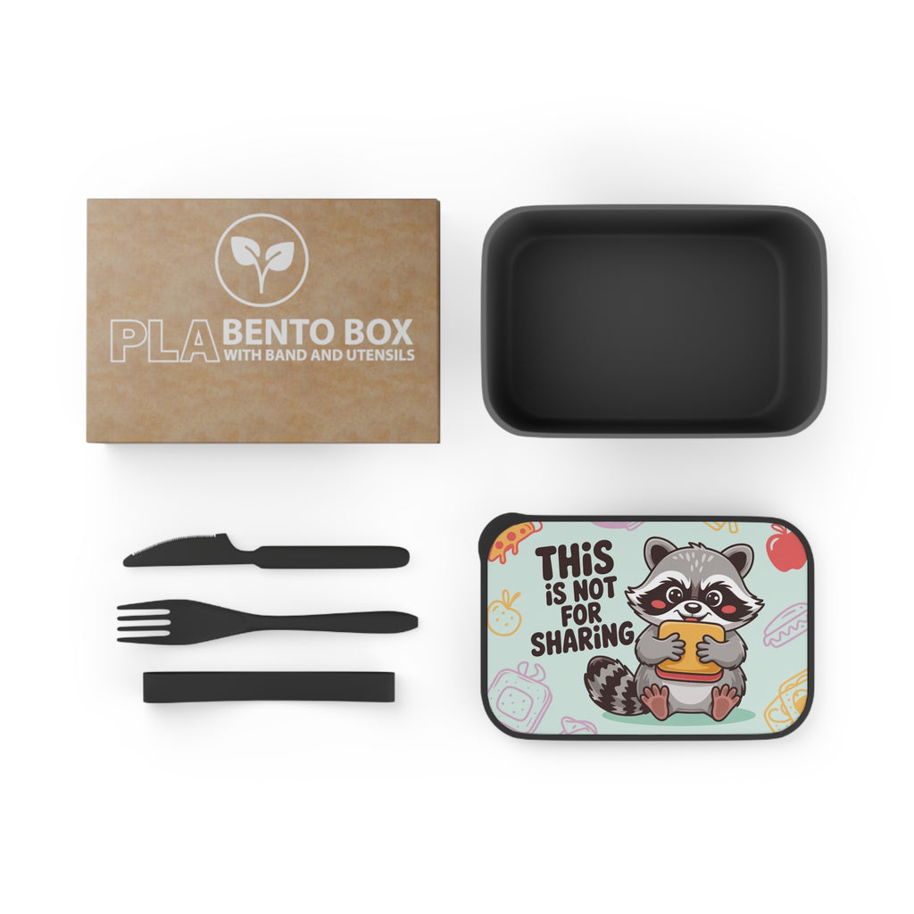 PLA Bento Box with utensils and cartoon raccoon illustration on lid.