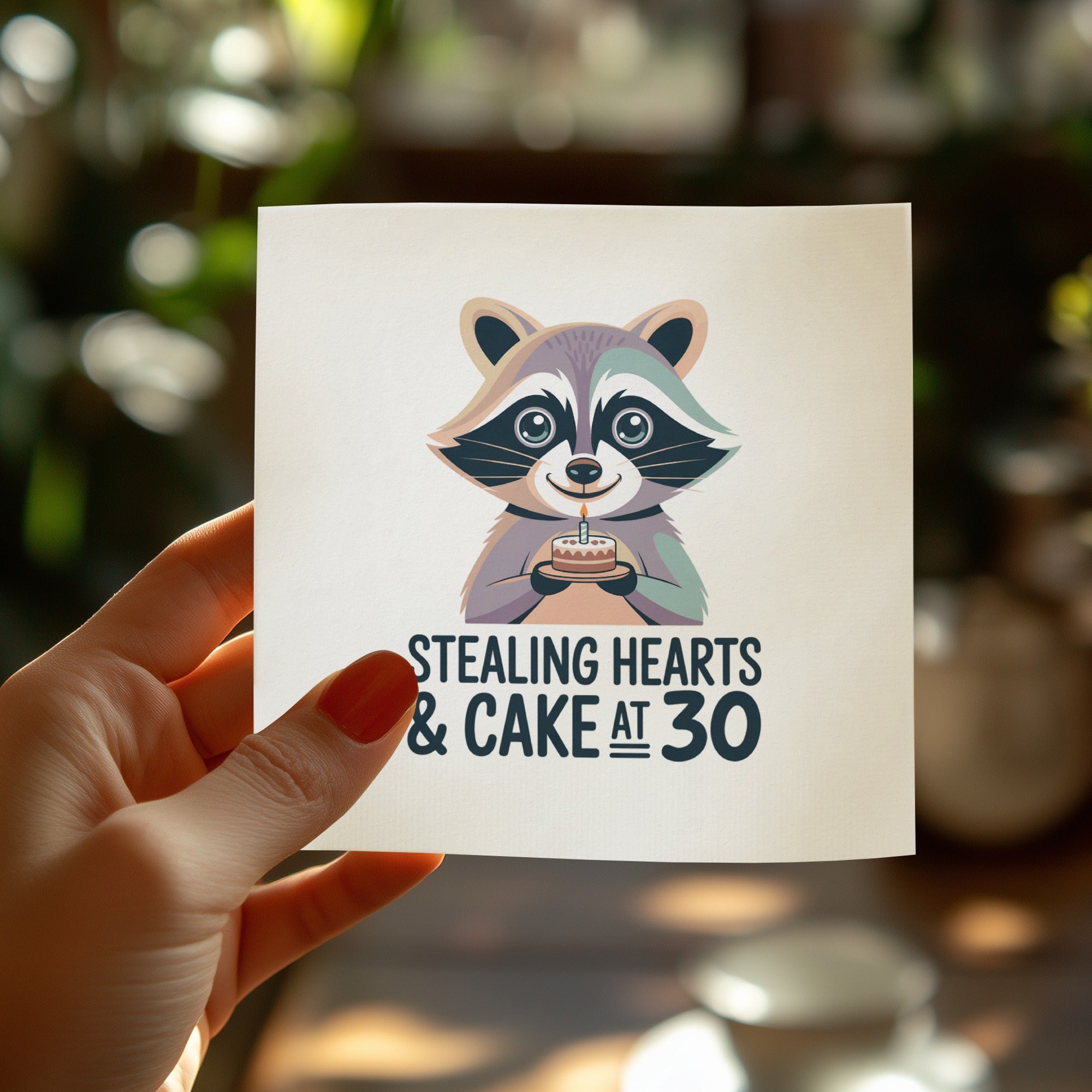 Card with raccoon holding a cake and "Stealing Hearts & Cake at 30" text.