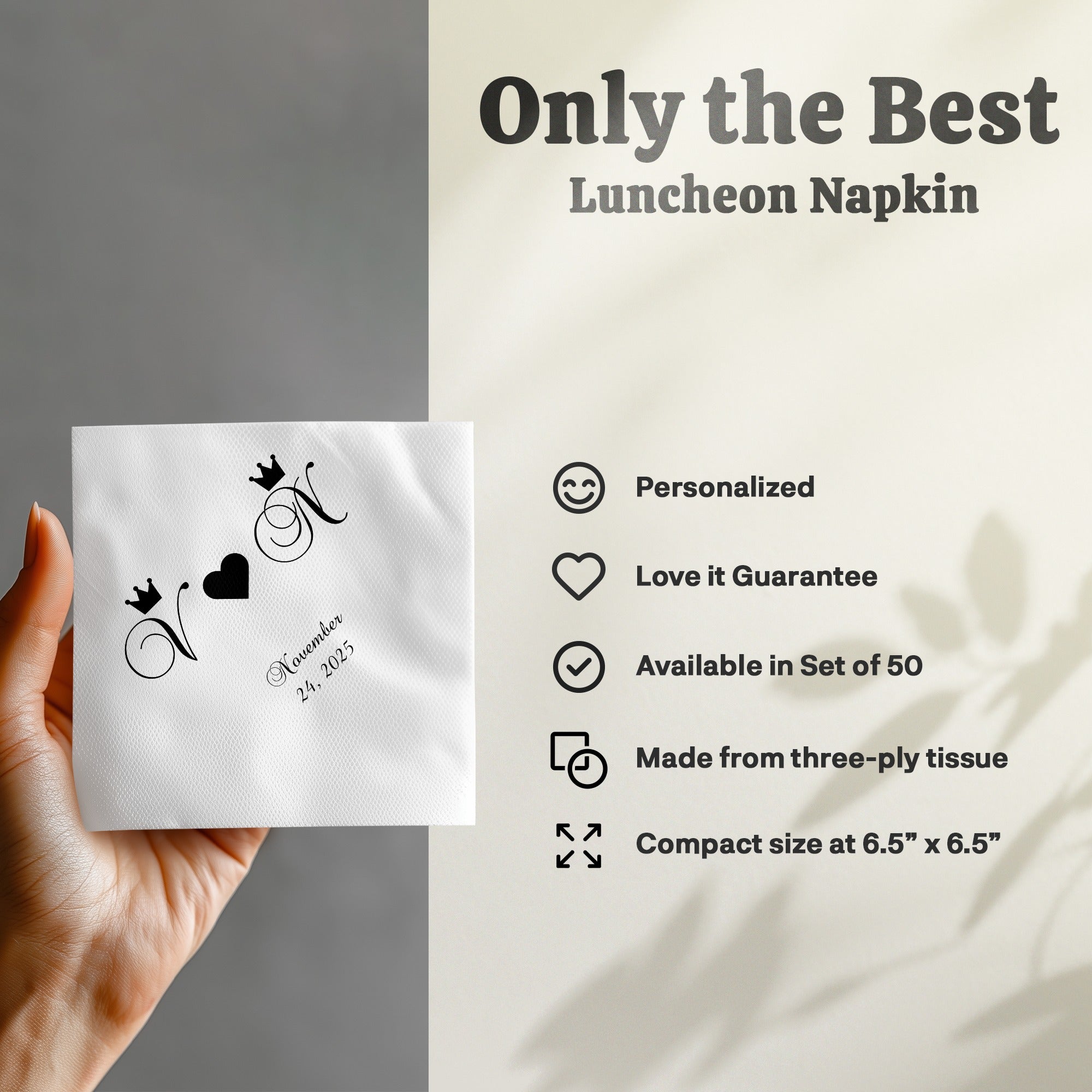 White luncheon napkin with "N" and crown monogram, dated November 24, 2025.