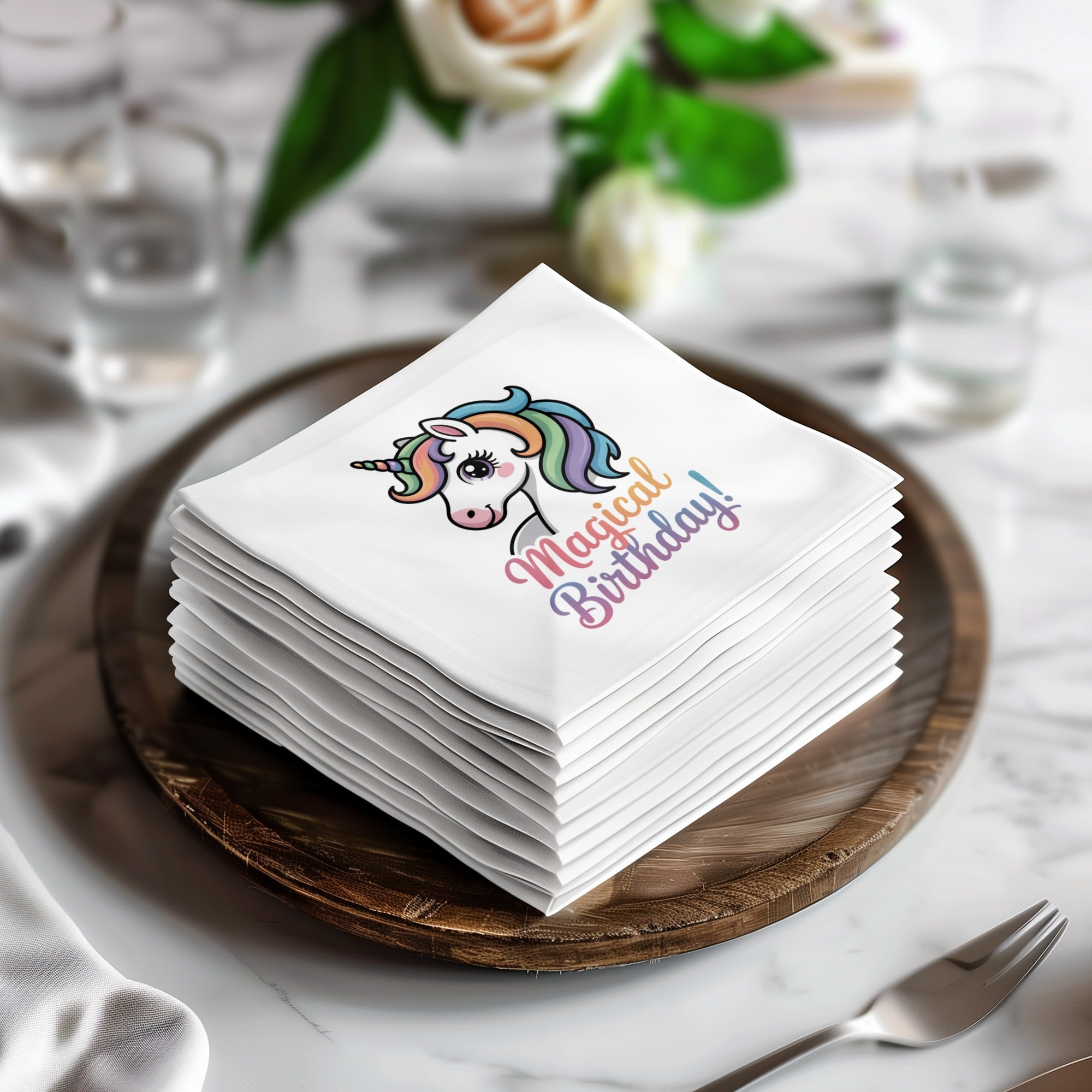 Stack of white napkins featuring a cartoon unicorn and "Magical Birthday!" text.