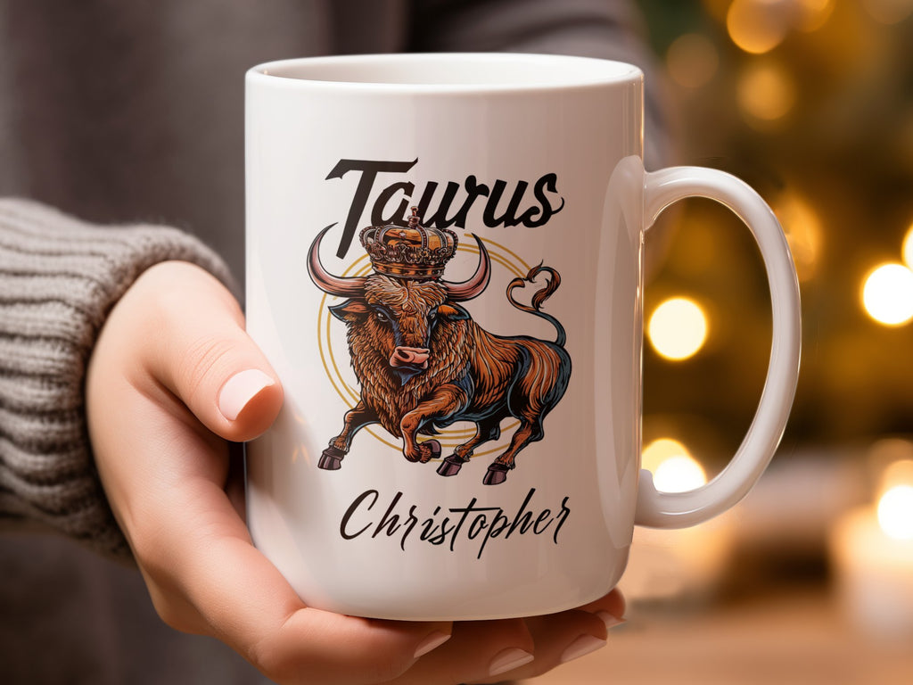 White mug with Taurus bull illustration and name Christopher.