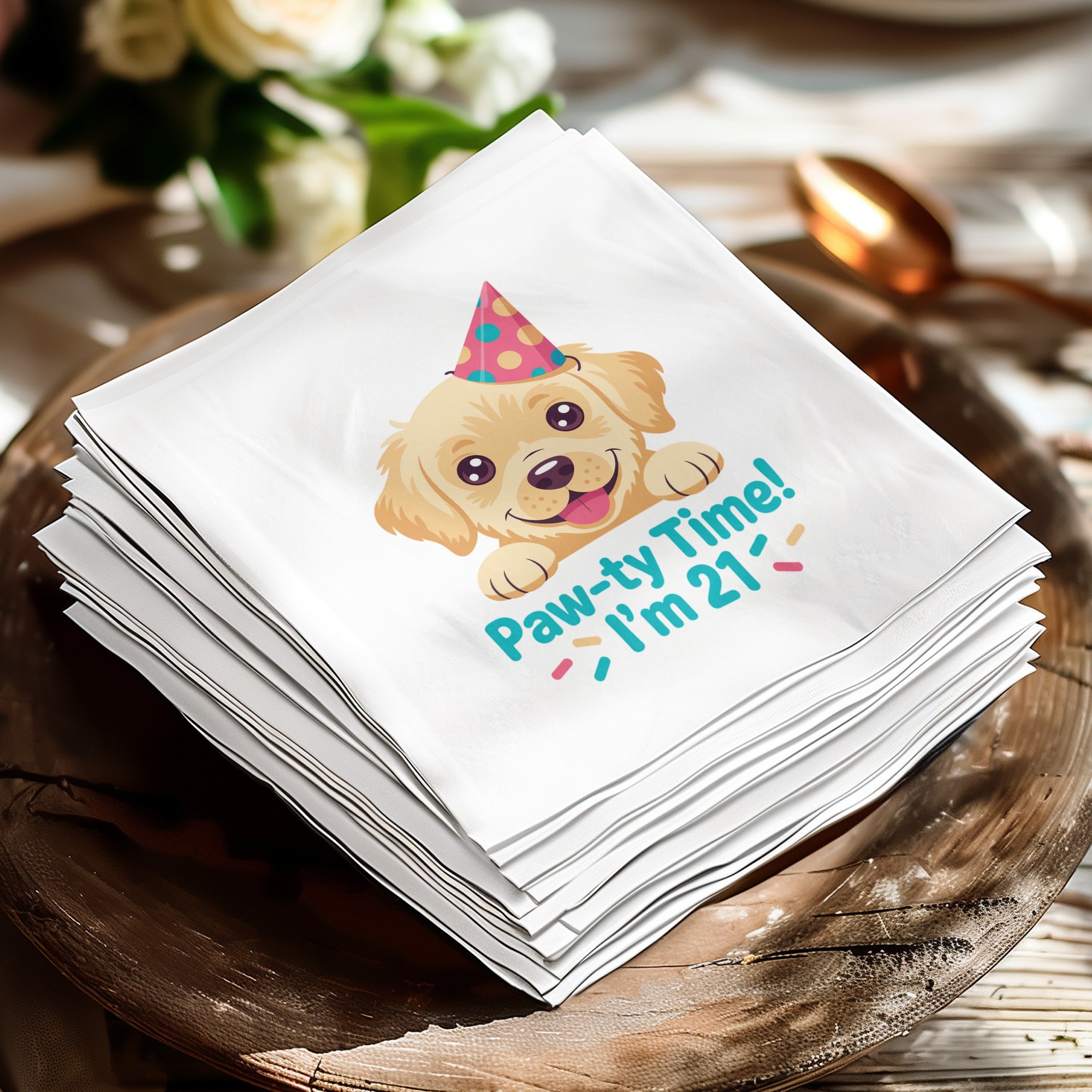 Stack of napkins with a cartoon puppy wearing a party hat and saying "Paw-ty Time! I'm 21!".