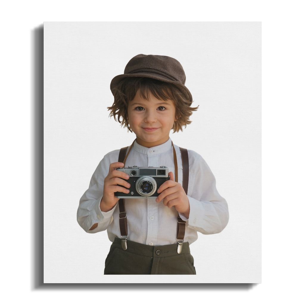 Young boy in suspenders and hat holding vintage camera.