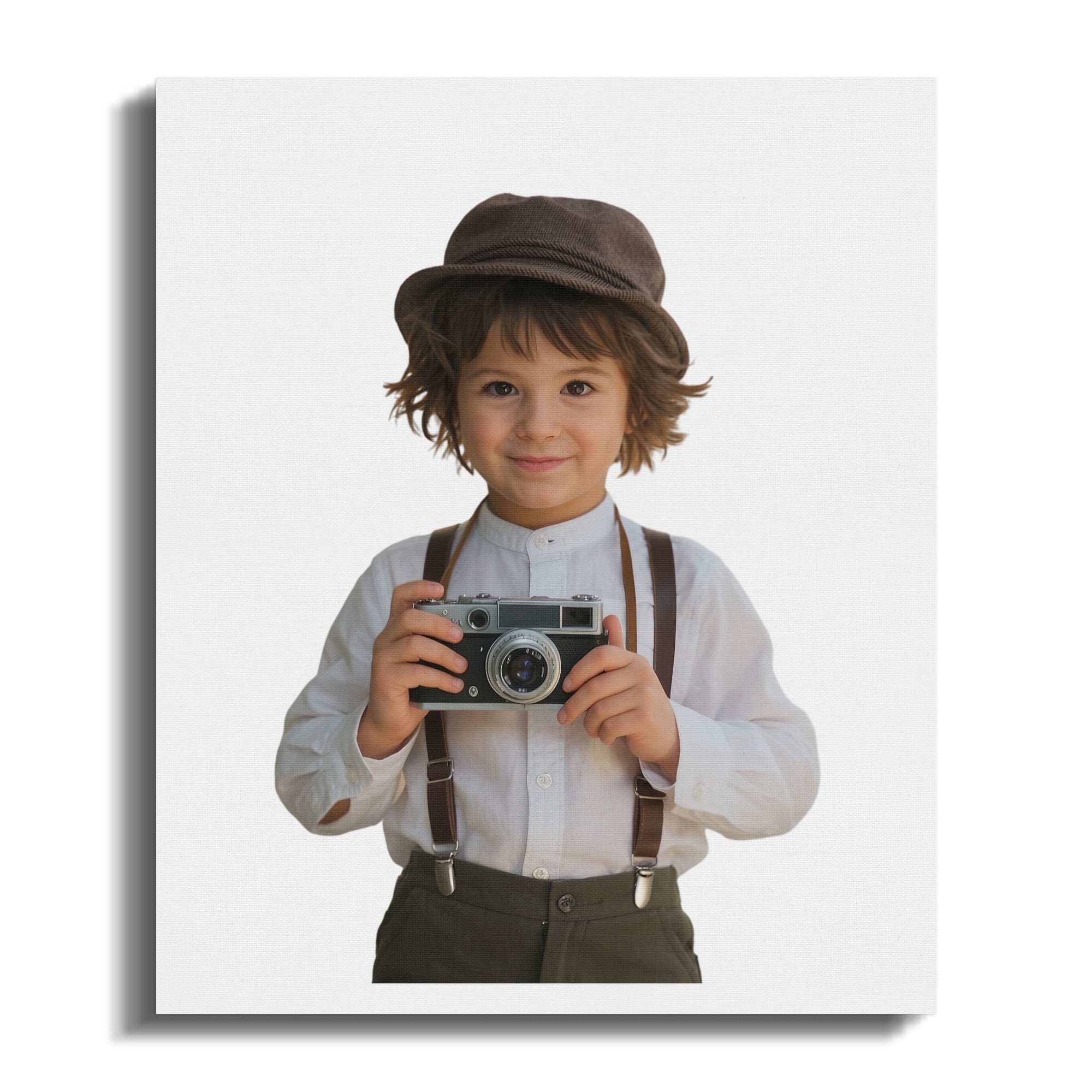 Young boy in suspenders and hat holding vintage camera.