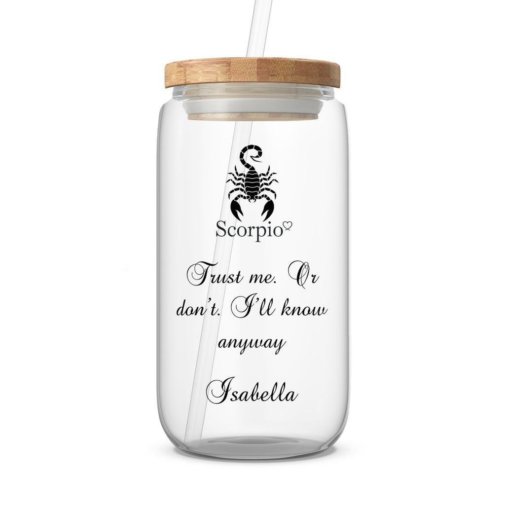Glass tumbler with scorpion zodiac sign and personalized text "Isabella".